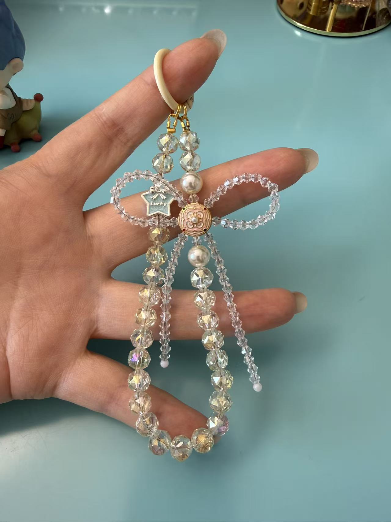 Crystal Bow Phone Charm with Lucky Star Pendant - Aesthetic Beaded Phone Strap P09