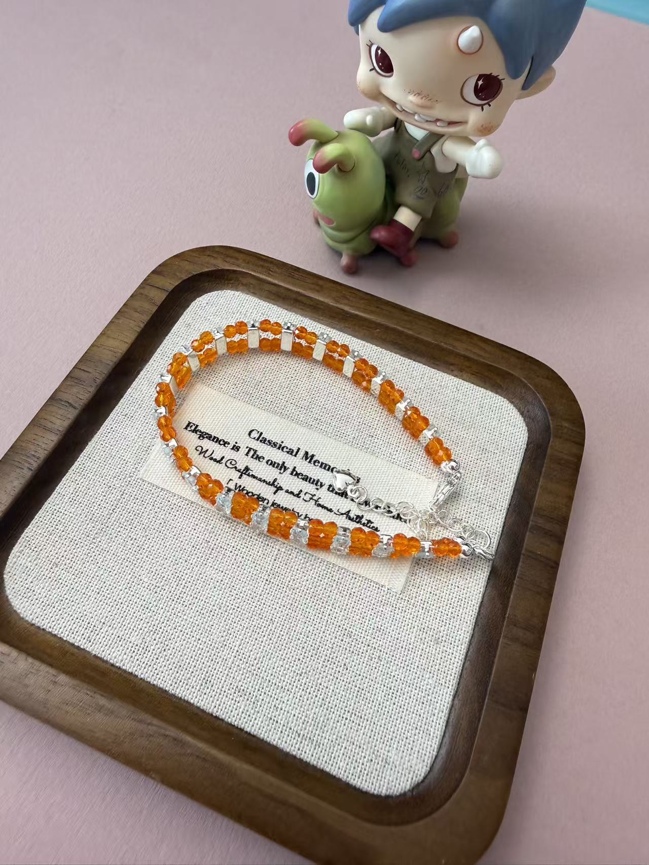 Orange Zircon Double Row Silver Bracelet - Dainty Adjustable Beaded Stacking Jewelry B364