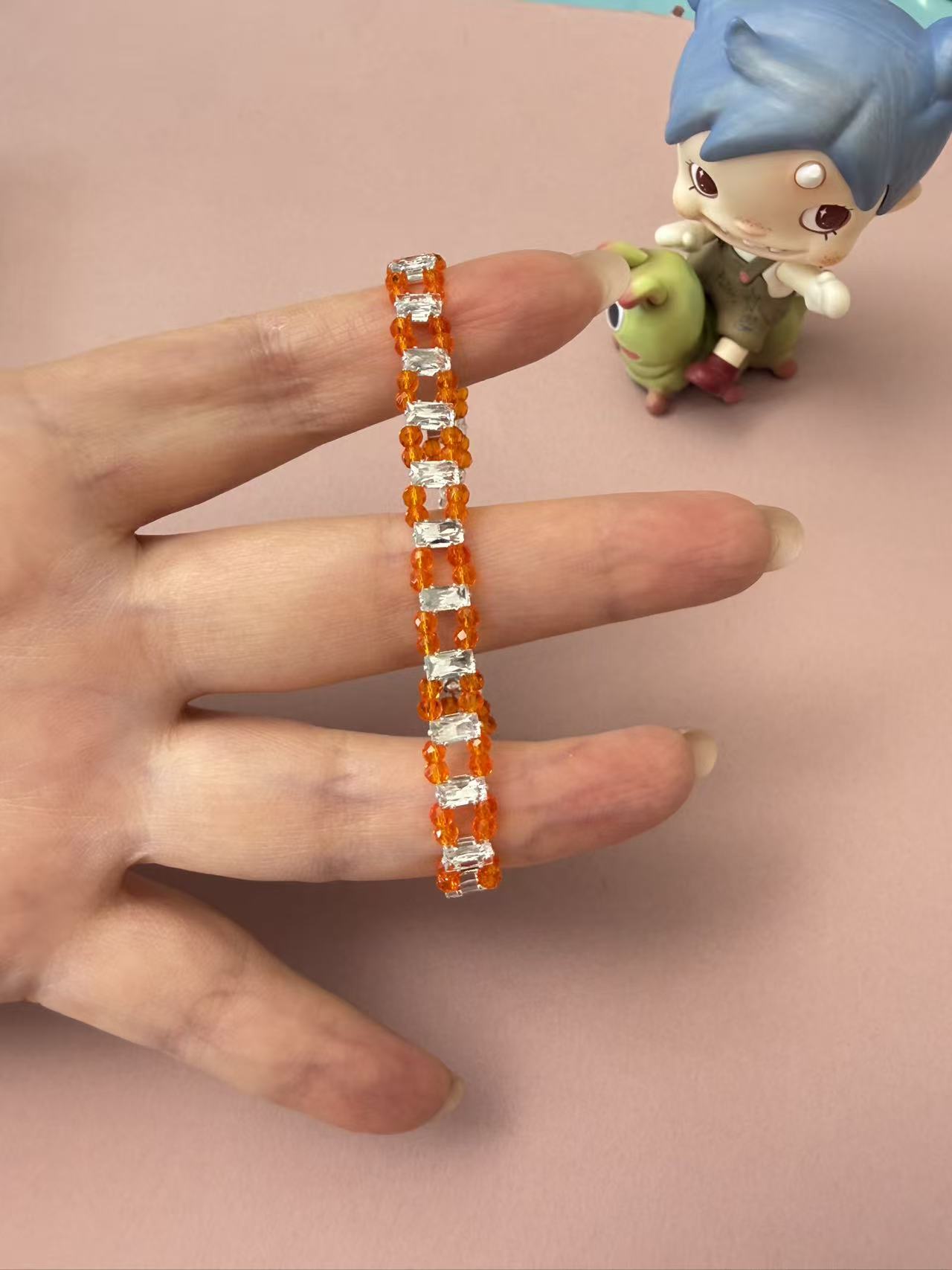 Orange Zircon Double Row Silver Bracelet - Dainty Adjustable Beaded Stacking Jewelry B364