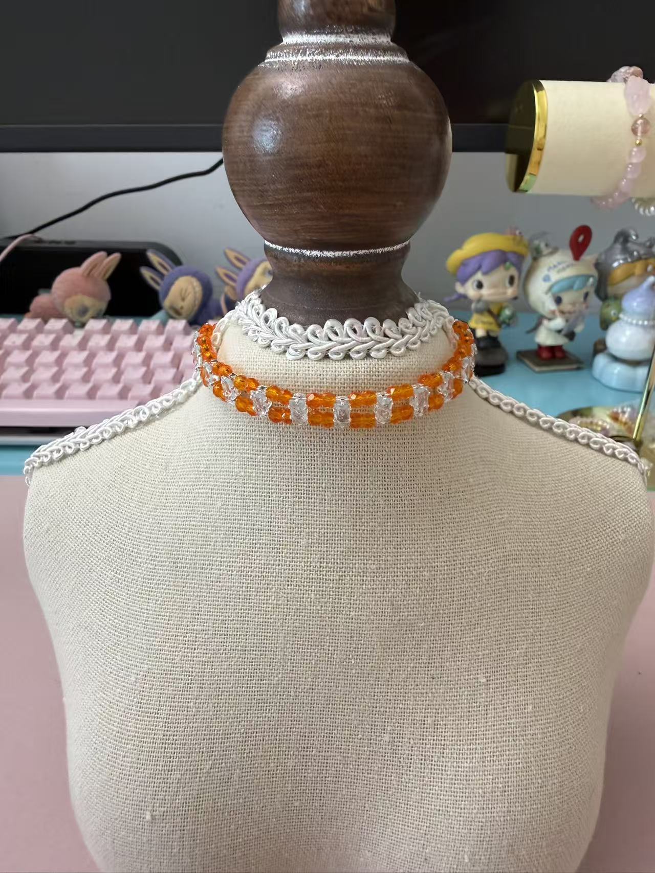 Orange Zircon Double Row Silver Bracelet - Dainty Adjustable Beaded Stacking Jewelry B364