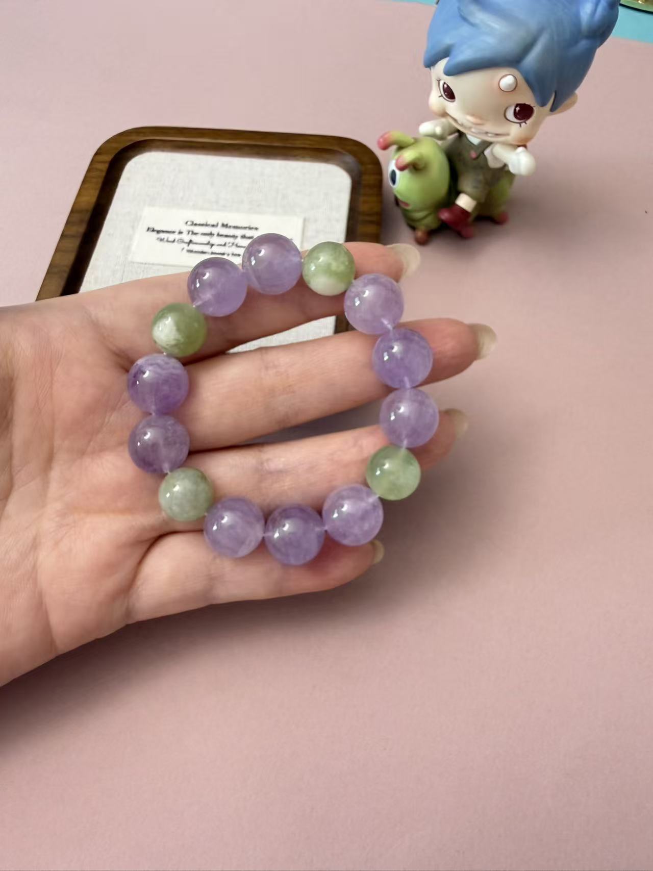 Lavender Purple & Soft Green Crystal Beaded Bracelet - Calming Pastel Stackable Healing Jewelry B371