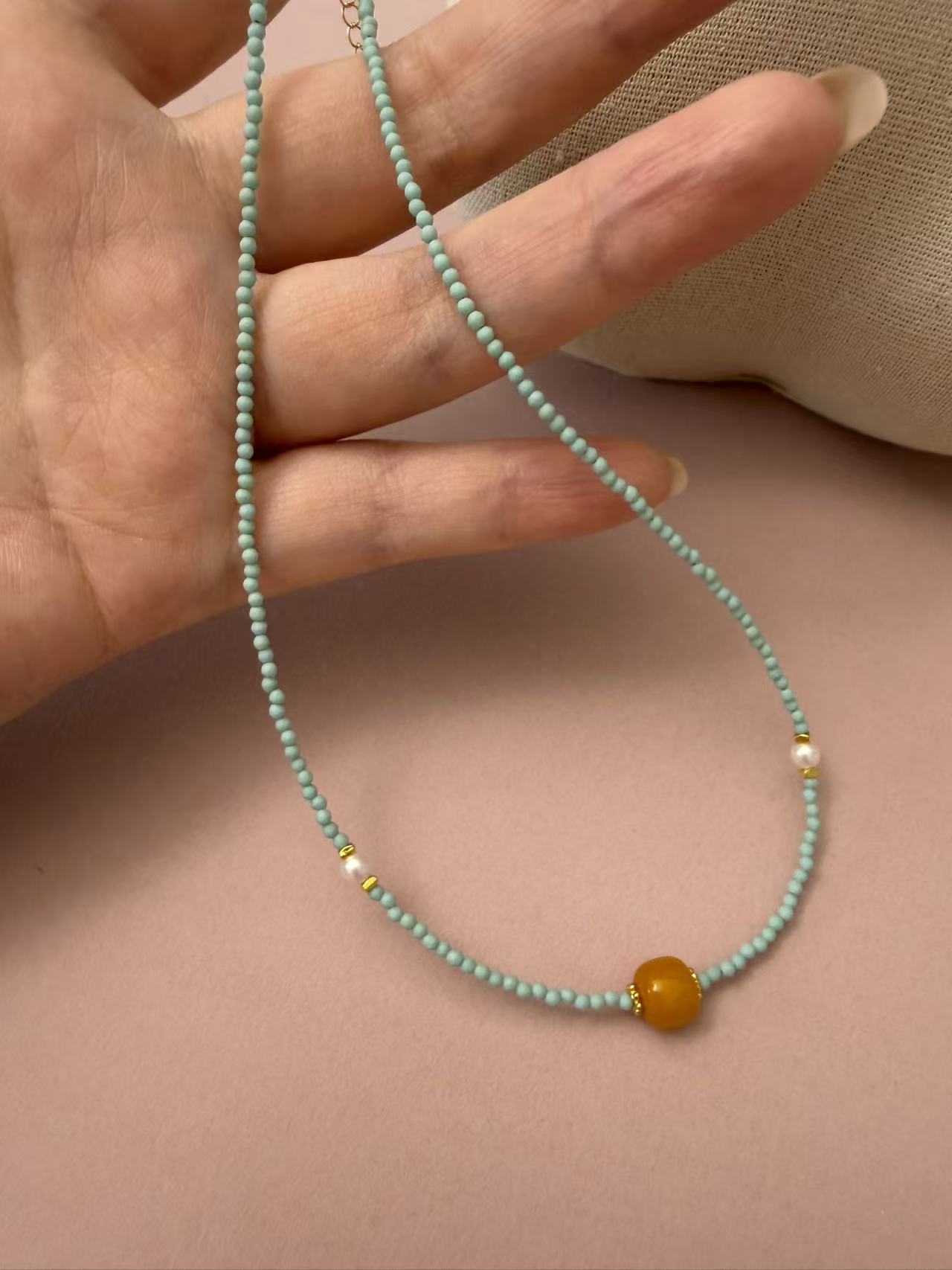 Turquoise Beaded Necklace with Amber & Pearl Accents - Dainty Adjustable Layering Choker N112