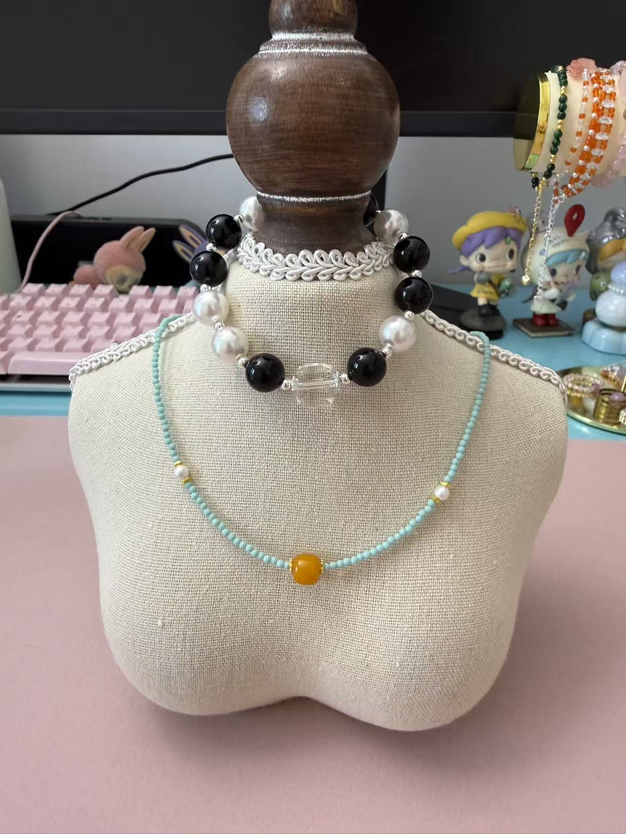 Turquoise Beaded Necklace with Amber & Pearl Accents - Dainty Adjustable Layering Choker N112
