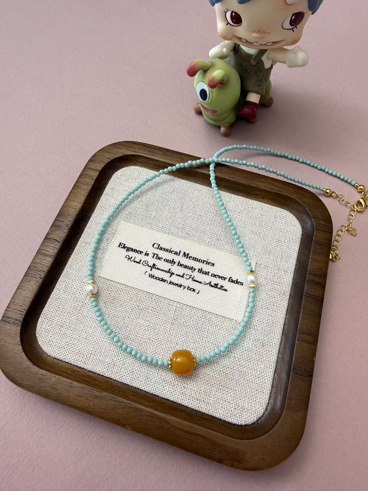 Turquoise Beaded Necklace with Amber & Pearl Accents - Dainty Adjustable Layering Choker N112