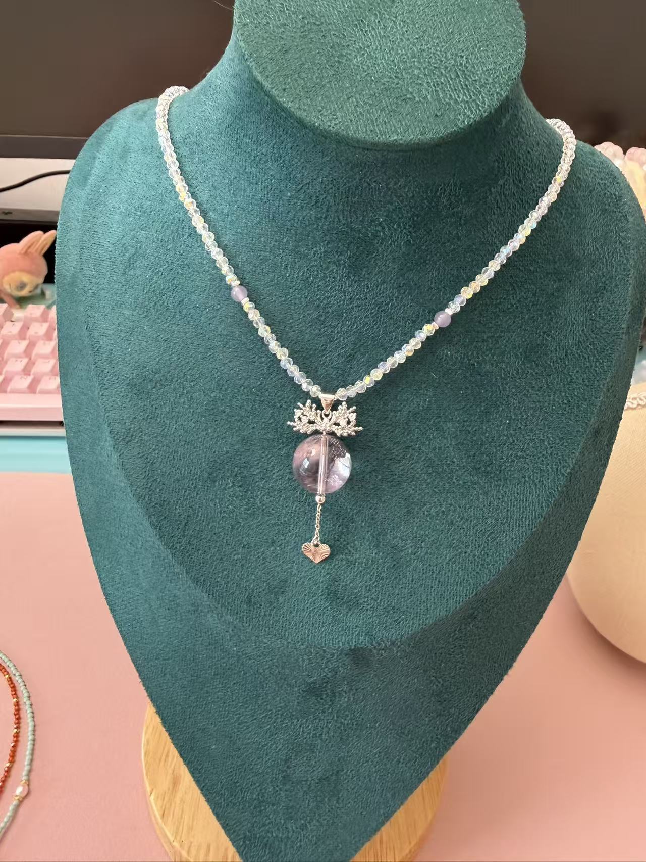 Purple Crystal Ball Pendant Necklace with Iridescent Beaded Chain - Dainty Fairycore Aesthetic Jewelry N114
