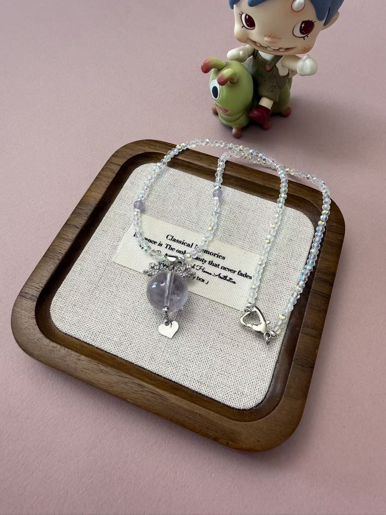 Purple Crystal Ball Pendant Necklace with Iridescent Beaded Chain - Dainty Fairycore Aesthetic Jewelry N114