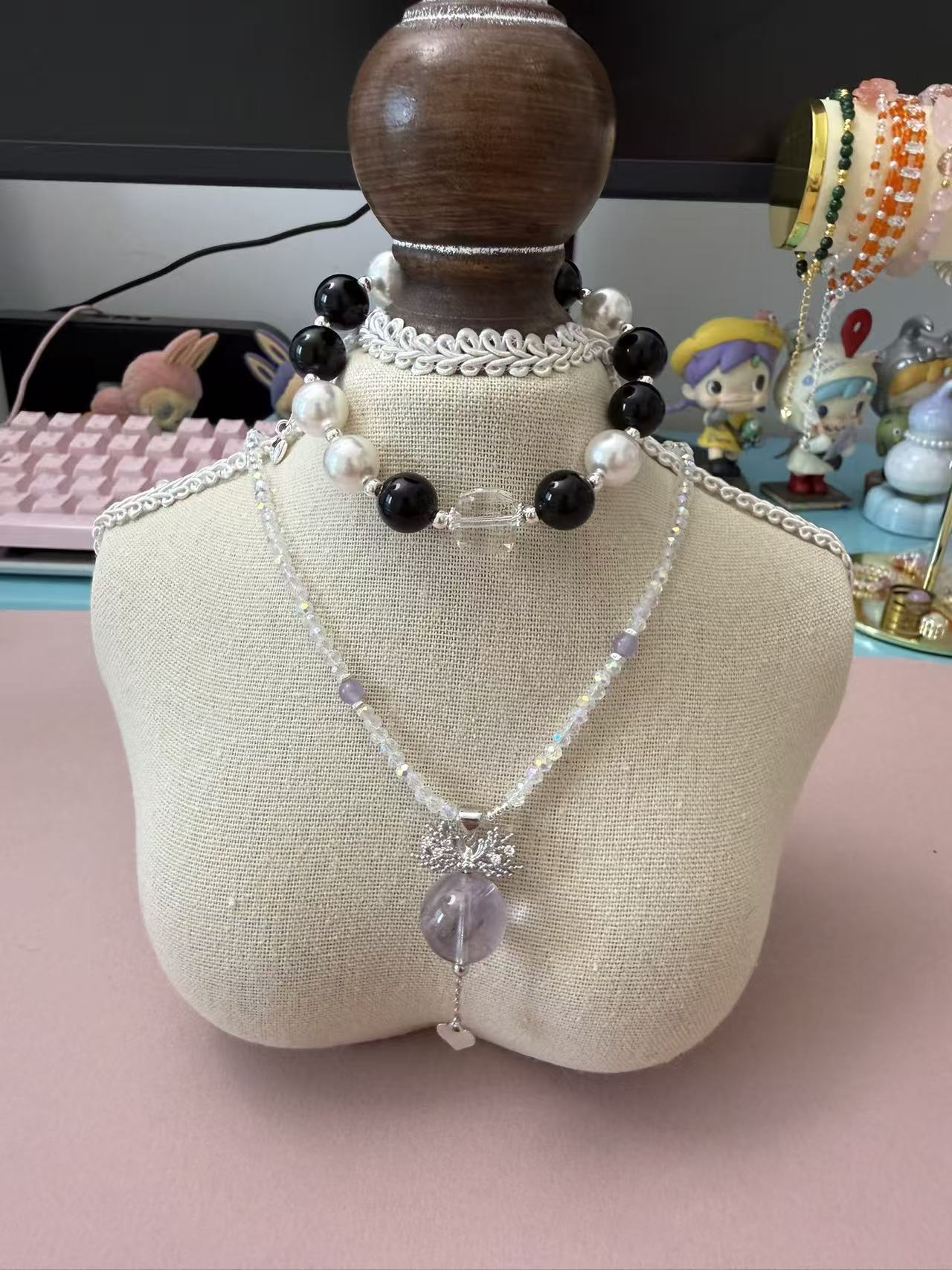 Purple Crystal Ball Pendant Necklace with Iridescent Beaded Chain - Dainty Fairycore Aesthetic Jewelry N114