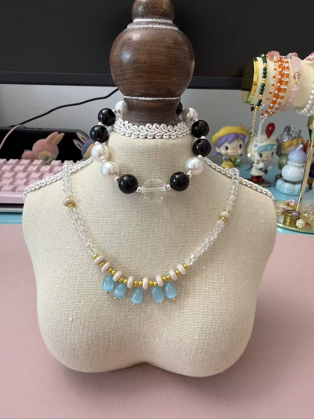 Black Onyx & White Pearl Beaded Choker Necklace - Minimalist Contrast Layering Jewelry N110