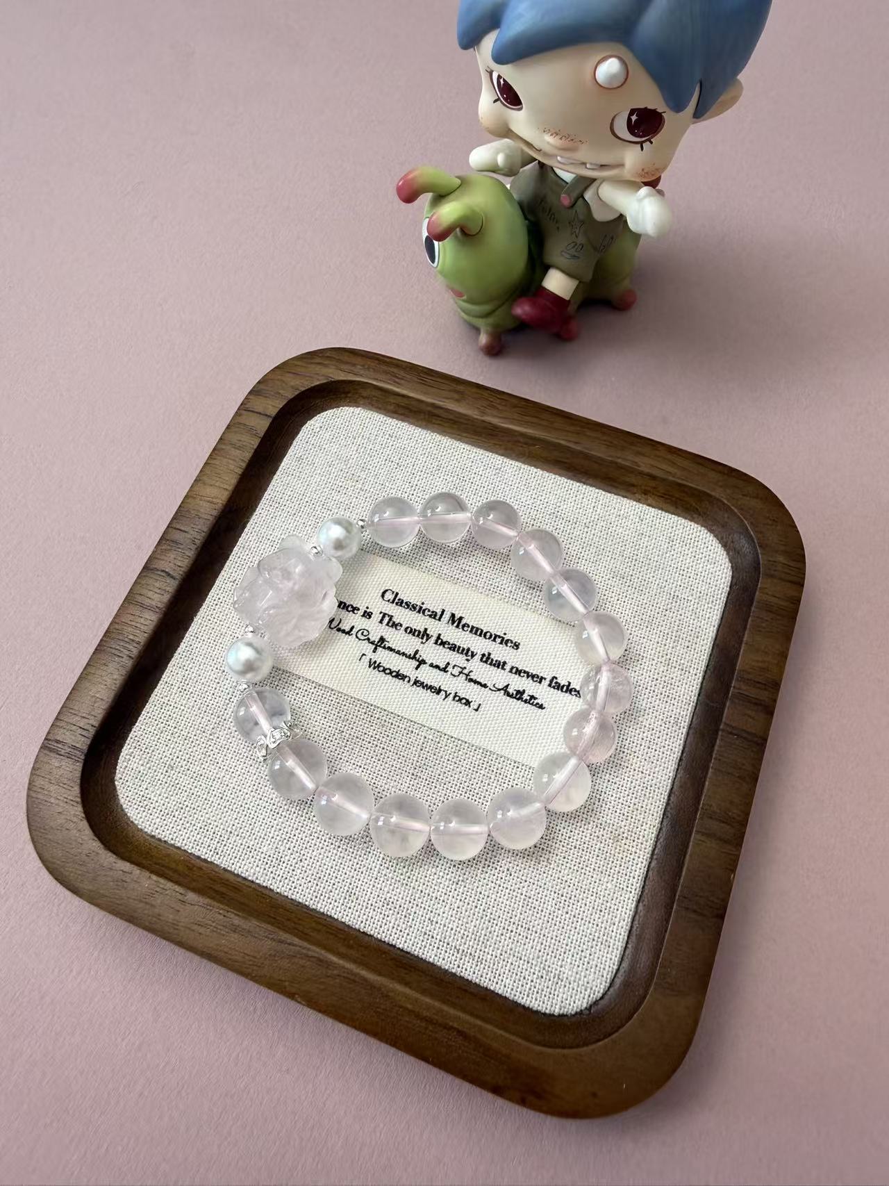Rose Quartz Beaded Bracelet with Hand-Carved Fox Charm - Dainty Healing Crystal Jewelry B372