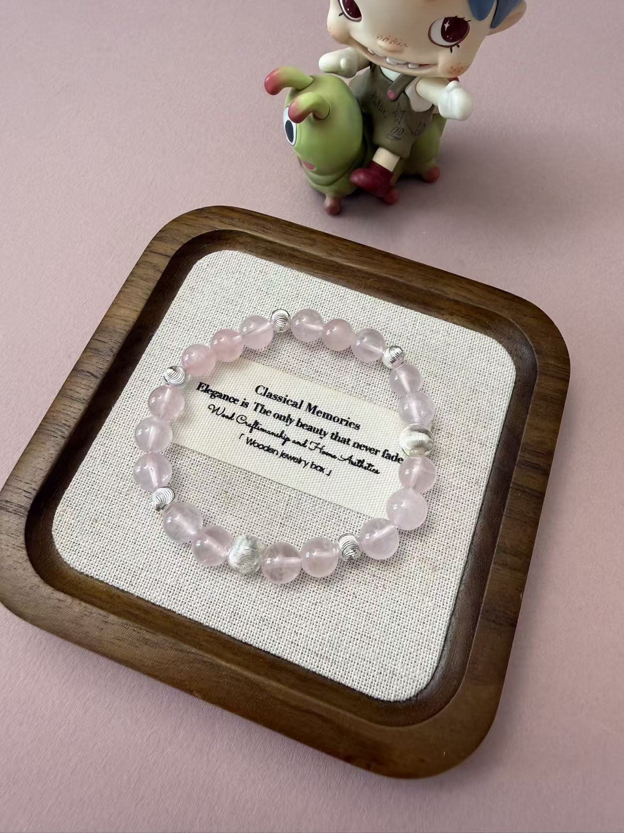 Rose Quartz Beaded Bracelet with Textured Silver Accents - Dainty Healing Crystal Stackable Jewelry B371