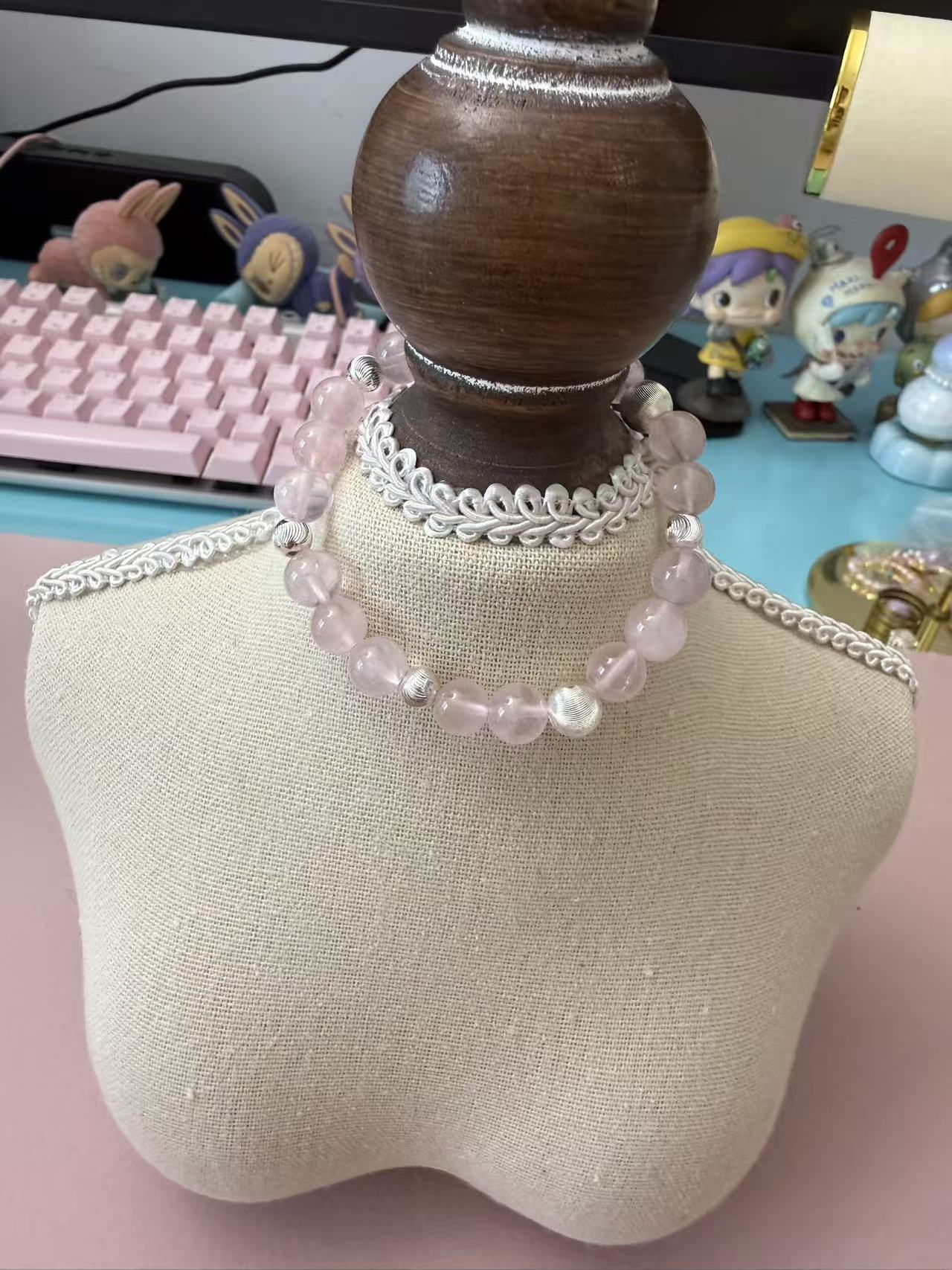 Rose Quartz Beaded Bracelet with Textured Silver Accents - Dainty Healing Crystal Stackable Jewelry B371