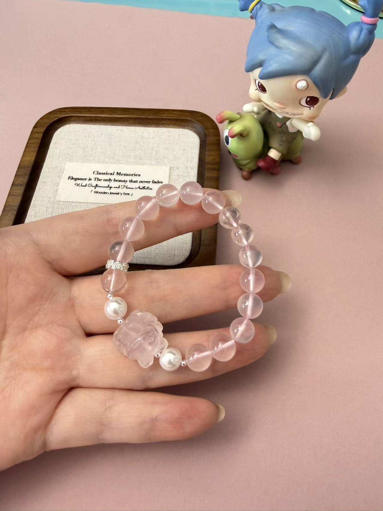 Rose Quartz Beaded Bracelet with Hand-Carved Fox Charm - Dainty Healing Crystal Jewelry B372