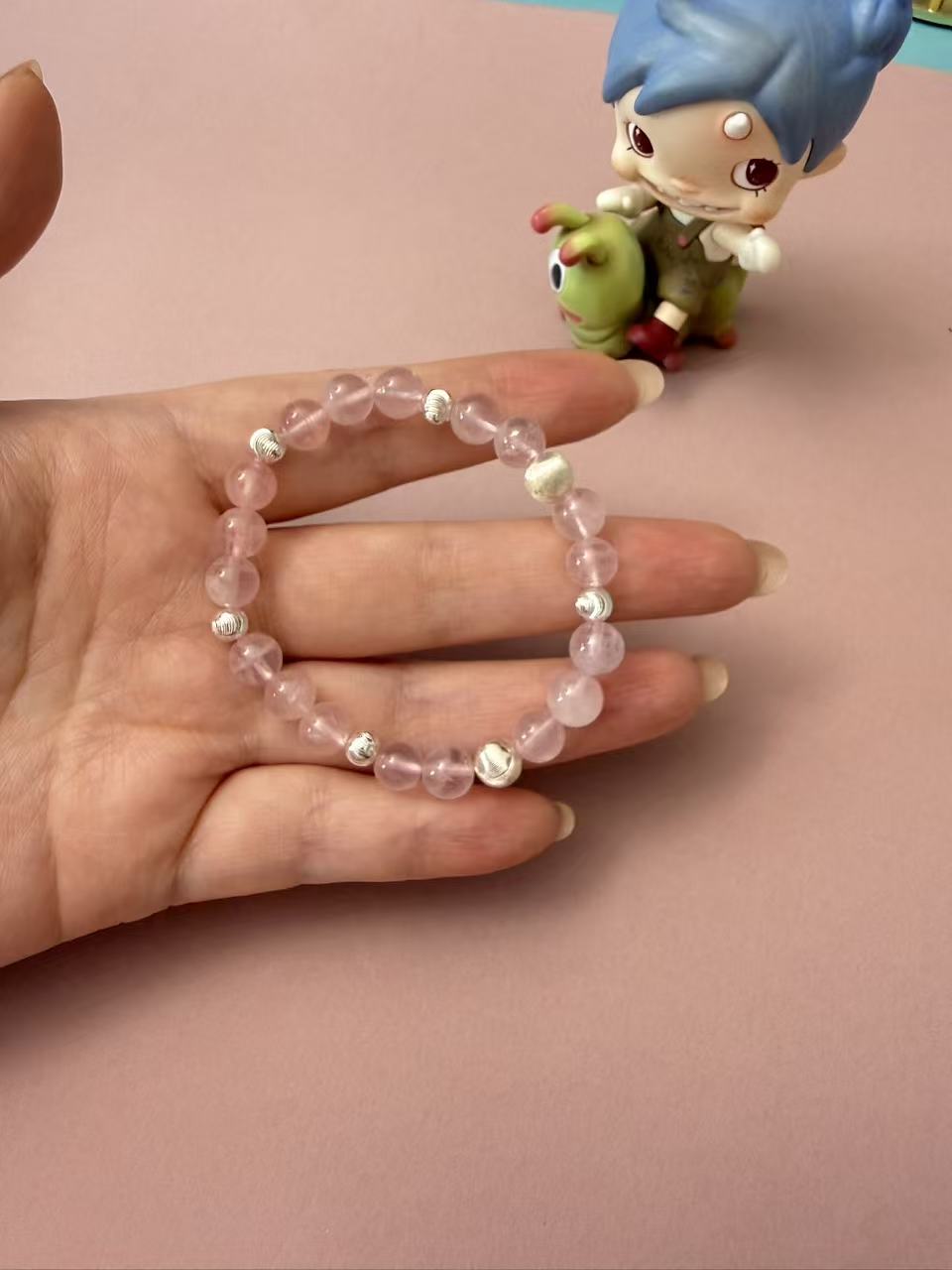 Rose Quartz Beaded Bracelet with Textured Silver Accents - Dainty Healing Crystal Stackable Jewelry B371