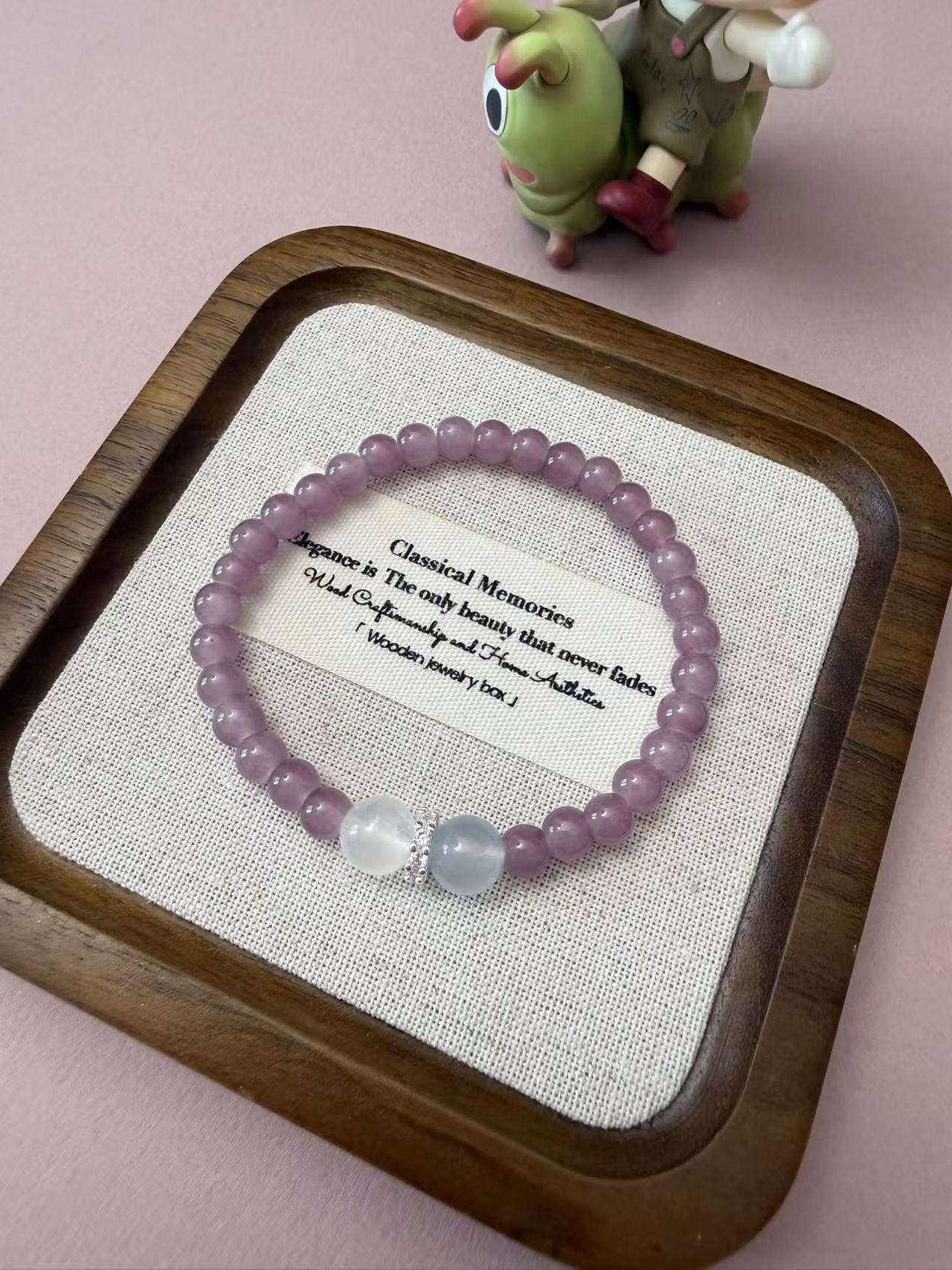 Lavender Purple Crystal Beaded Bracelet with Cat's Eye Accents - Dainty Healing Stackable Jewelry B374