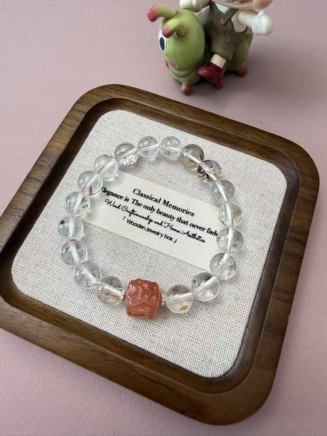 Natural Clear Quartz Beaded Bracelet with Carved Red Agate Accent - Healing Crystal Stackable Jewelry B369