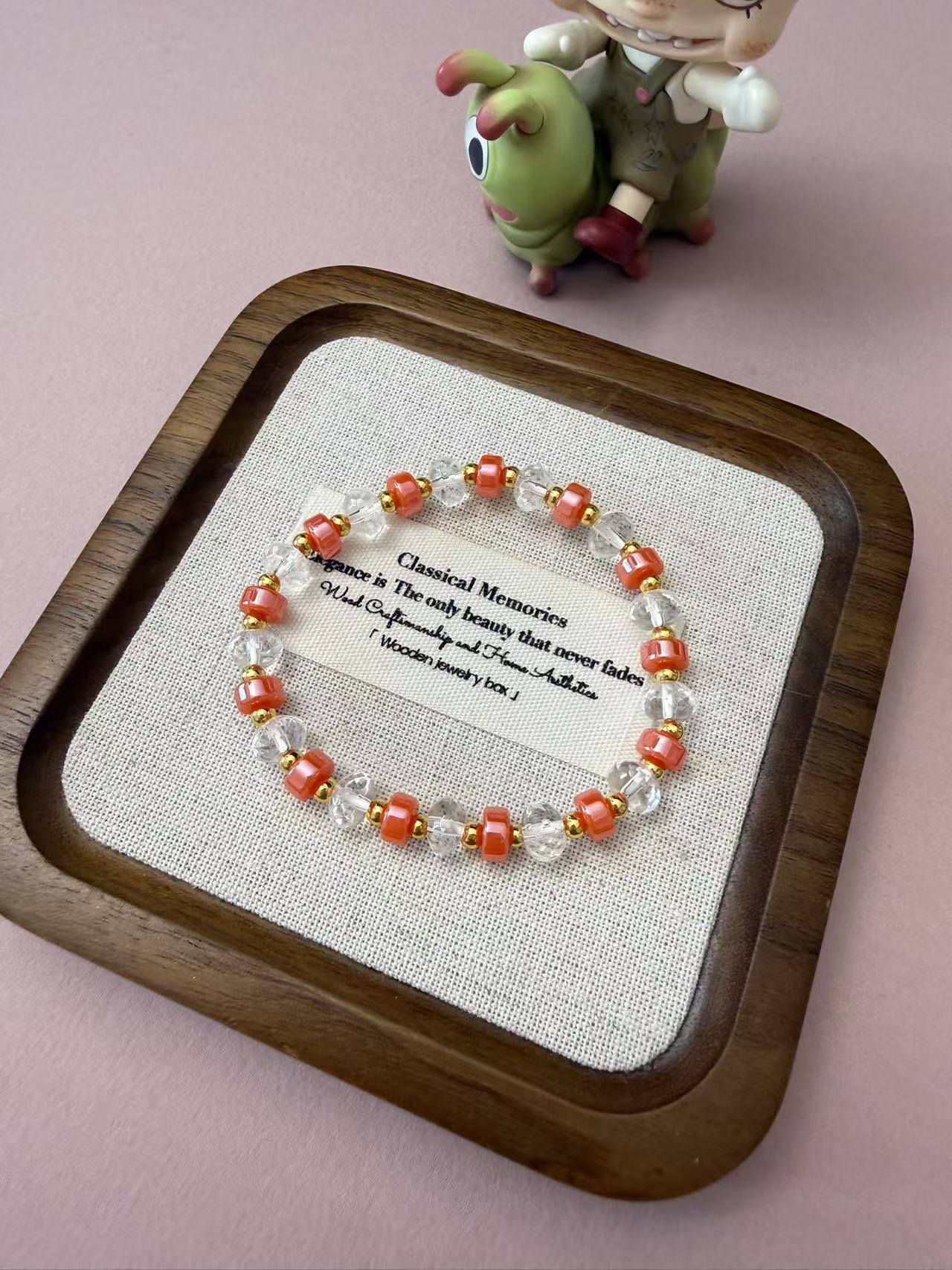 Clear Crystal & Orange Beaded Bracelet with Gold Accents - Dainty Stackable Everyday Jewelry B376