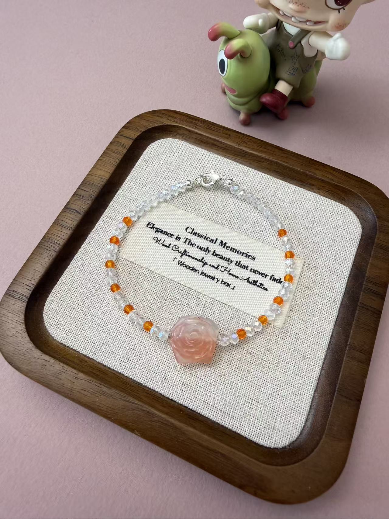 Rose Quartz Rose Carved Bracelet with Clear & Orange Crystal Beads - Adjustable Dainty Romantic Jewelry B367