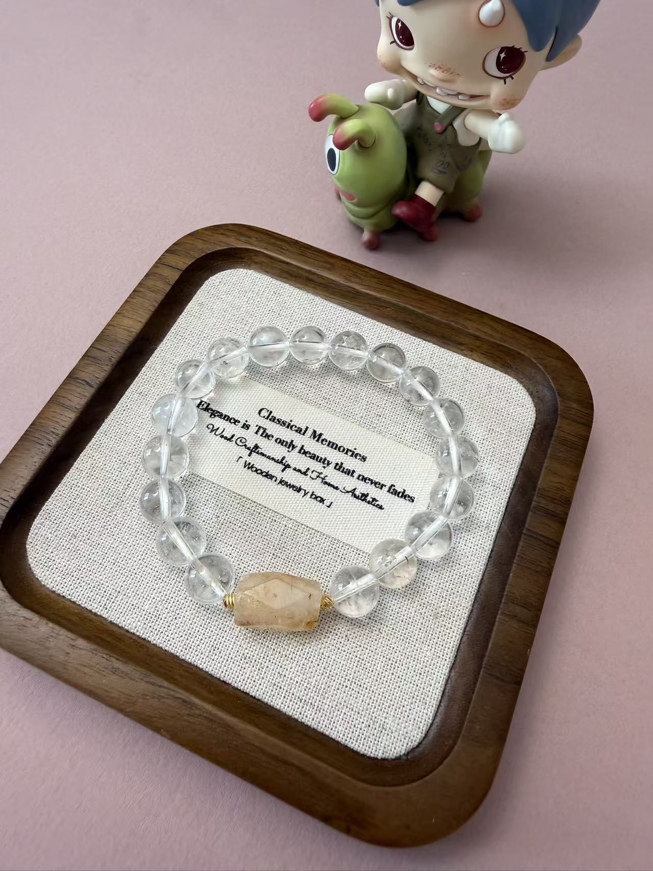Natural Clear Quartz Beaded Bracelet with Faceted Warm-Toned Crystal Accent - Minimalist Healing Crystal Stackable Jewelry B378