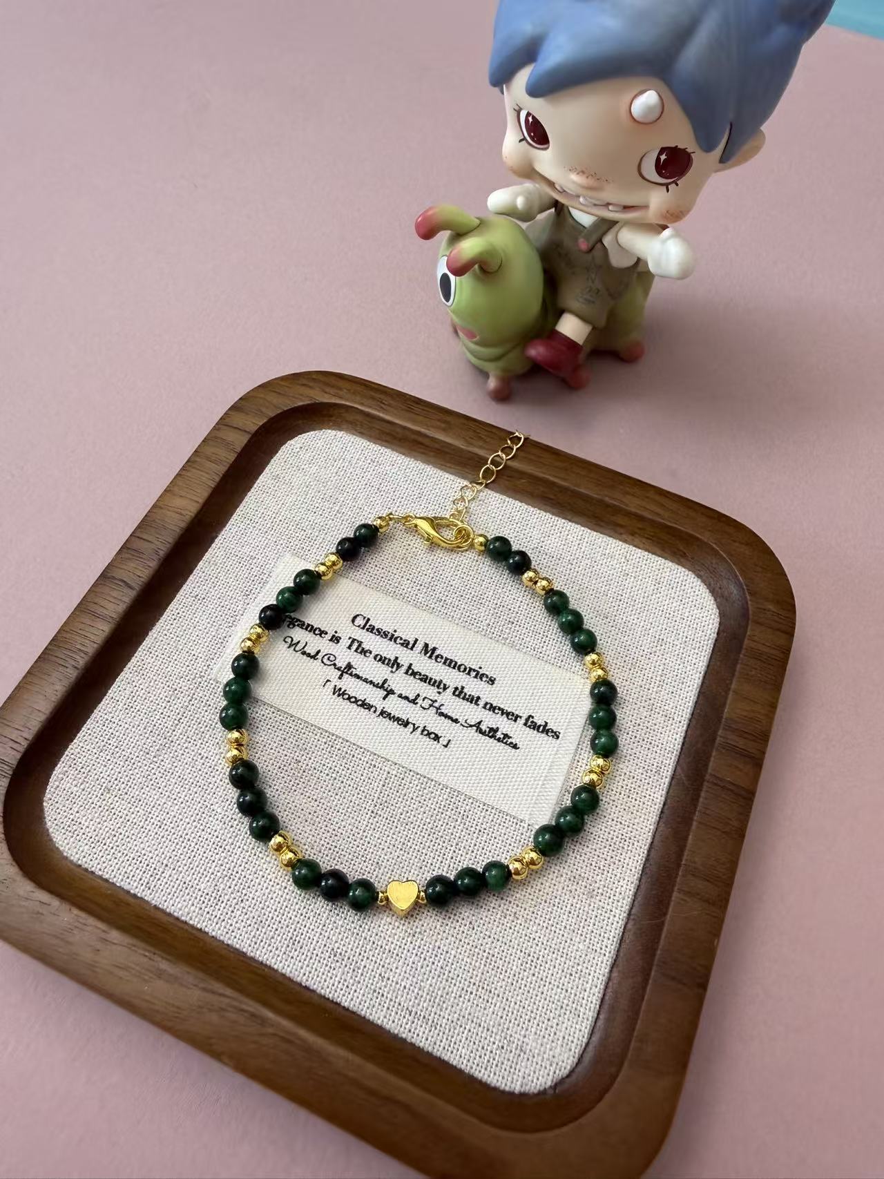 Dark Green & Black Stone Beaded Bracelet with Gold Heart Charm - Adjustable Elegant Stackable Jewelry B373