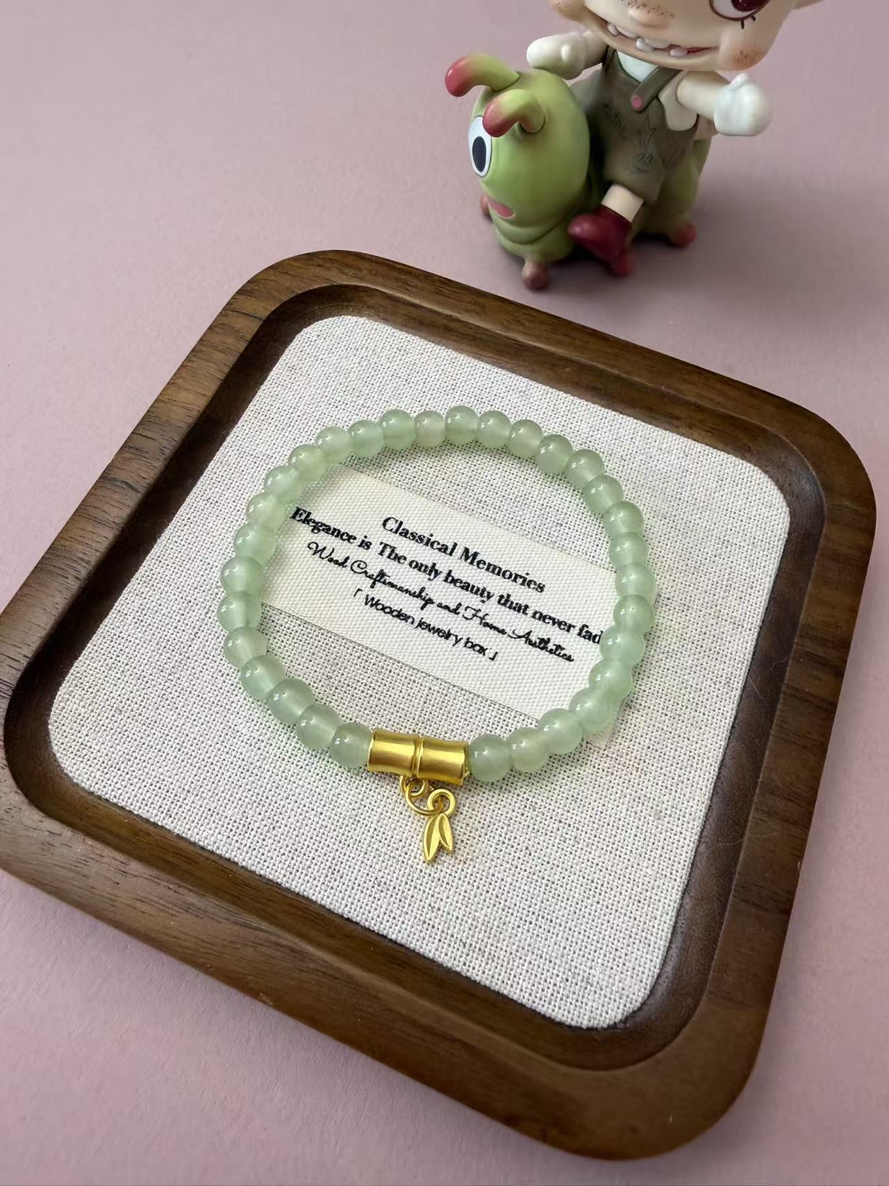 Light Green Jade Beaded Bracelet with Gold Cylinder Clasp - Minimalist Elegant Everyday Jewelry B368