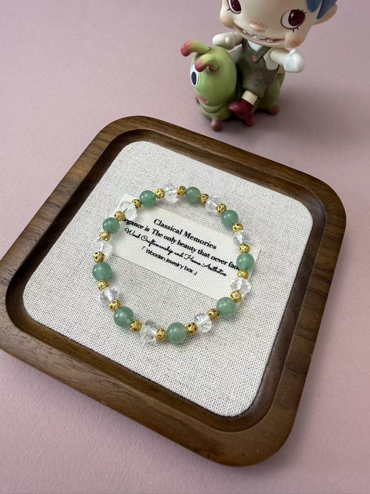 Light Green Aventurine & Clear Quartz Beaded Bracelet with Gold Accents - Dainty Healing Stackable Jewelry B363