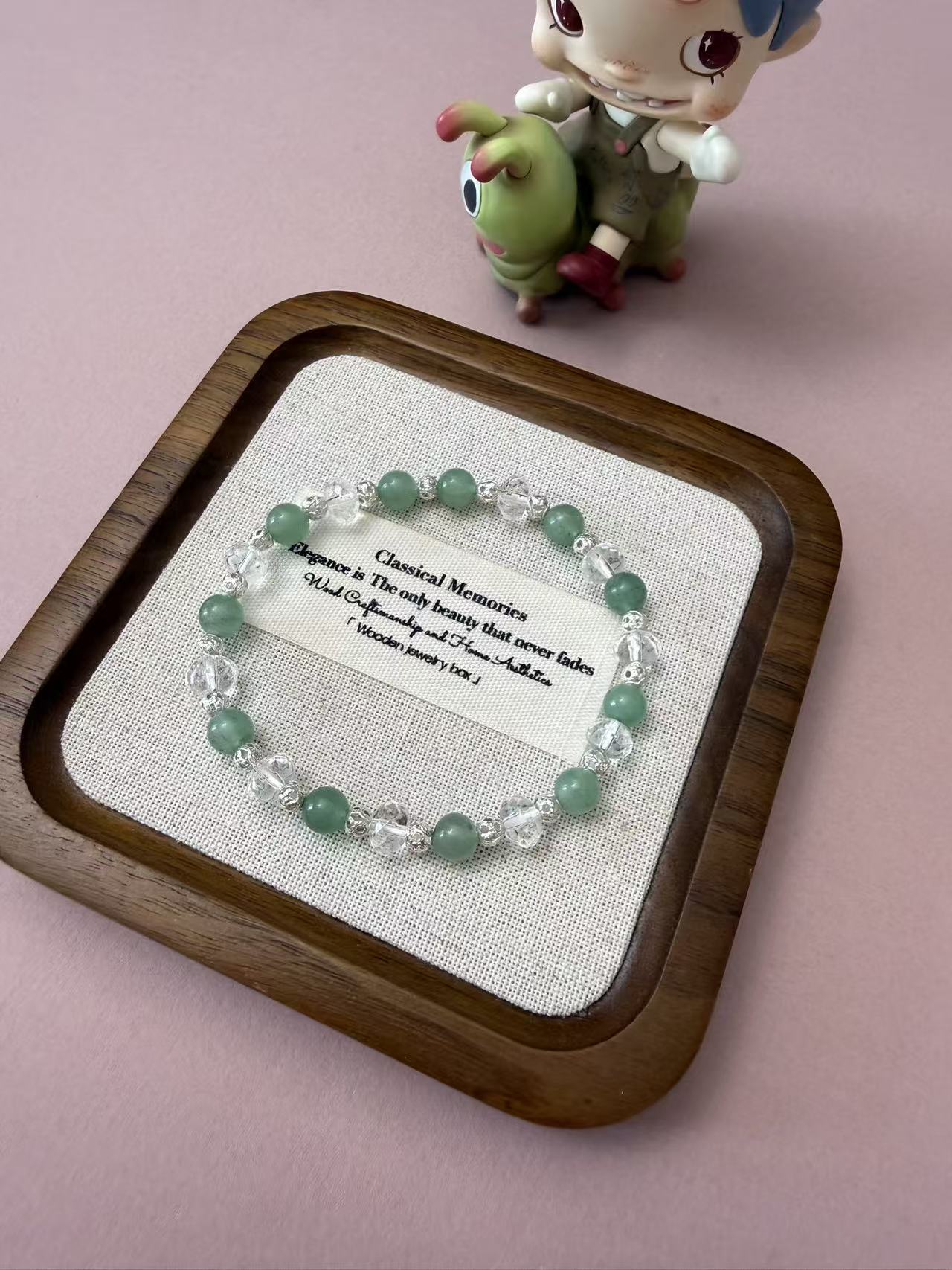 Green Aventurine & Clear Heart Crystal Beaded Bracelet with Silver Accents - Dainty Romantic Stackable Jewelry B379