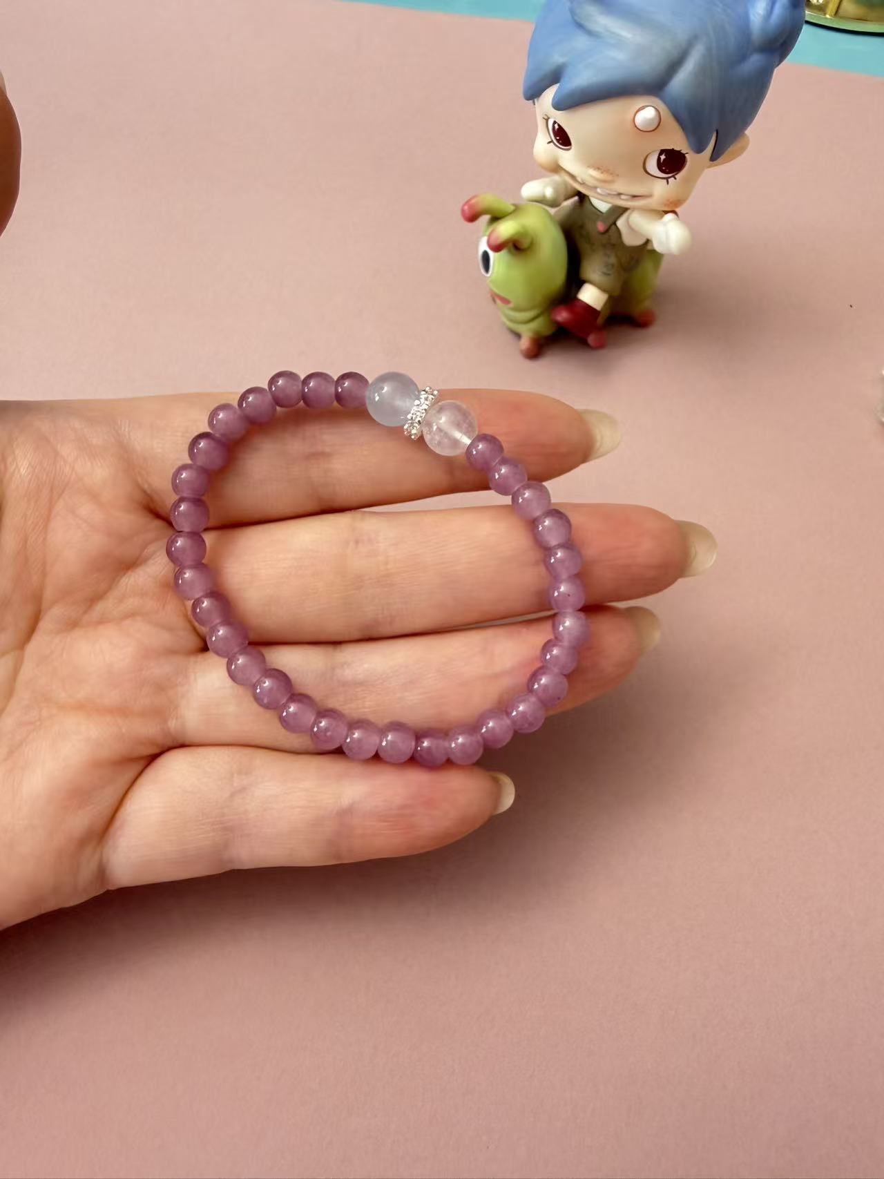 Lavender Purple Crystal Beaded Bracelet with Cat's Eye Accents - Dainty Healing Stackable Jewelry B374