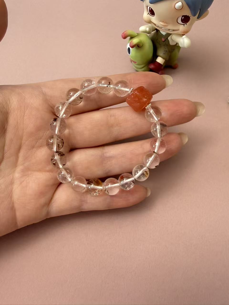 Natural Clear Quartz Beaded Bracelet with Carved Red Agate Accent - Healing Crystal Stackable Jewelry B369