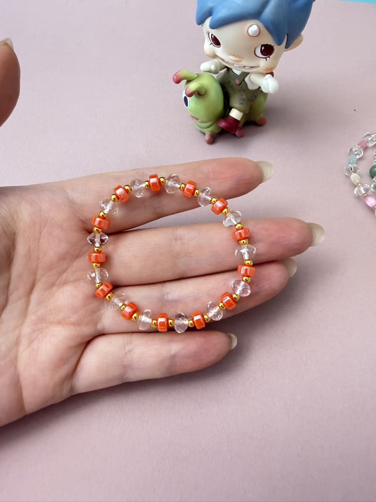 Clear Crystal & Orange Beaded Bracelet with Gold Accents - Dainty Stackable Everyday Jewelry B376