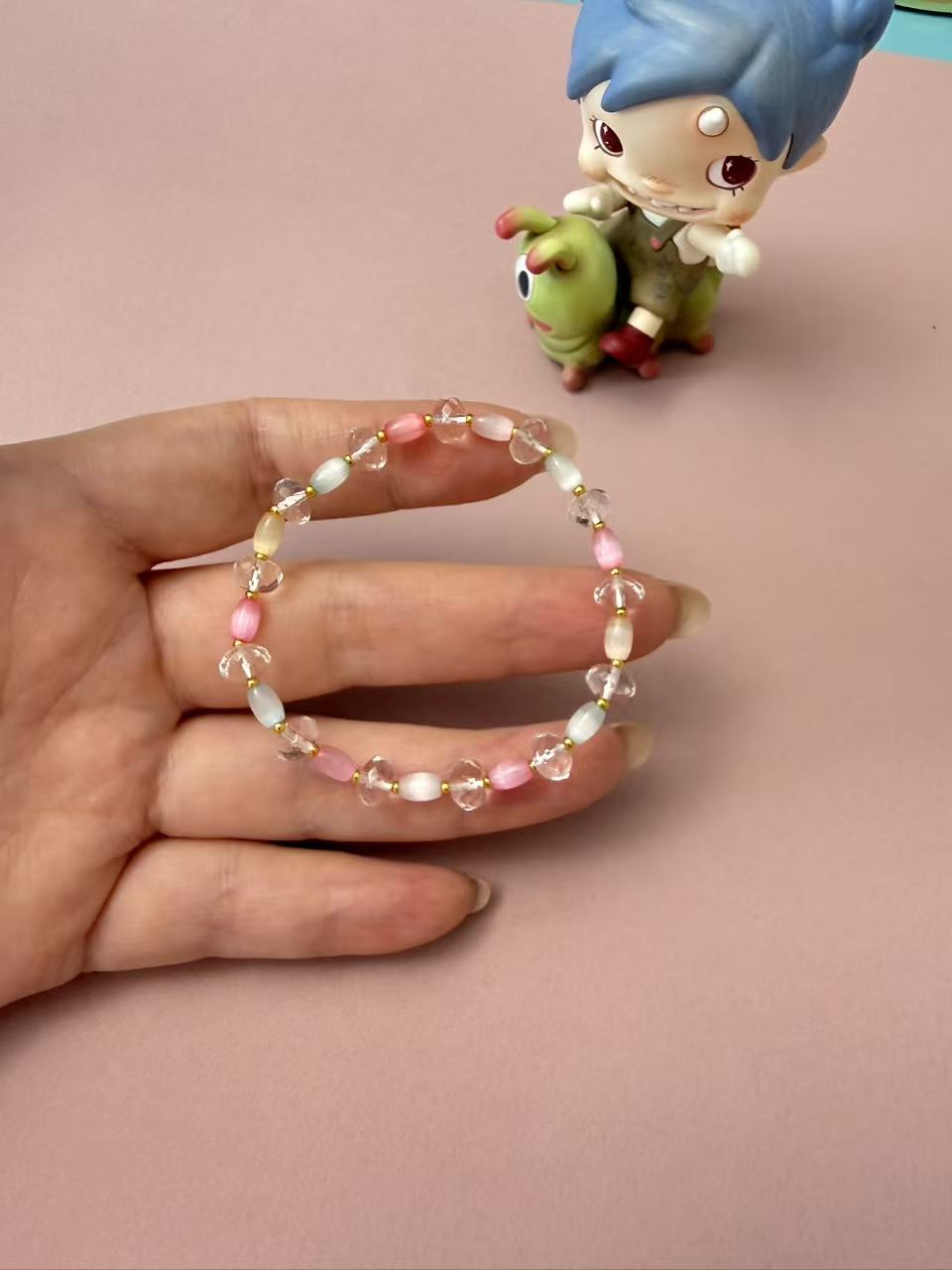 Pastel Multicolor Beaded Bracelet with Clear Crystal & Gold Accents - Dainty Stackable Everyday Jewelry B380
