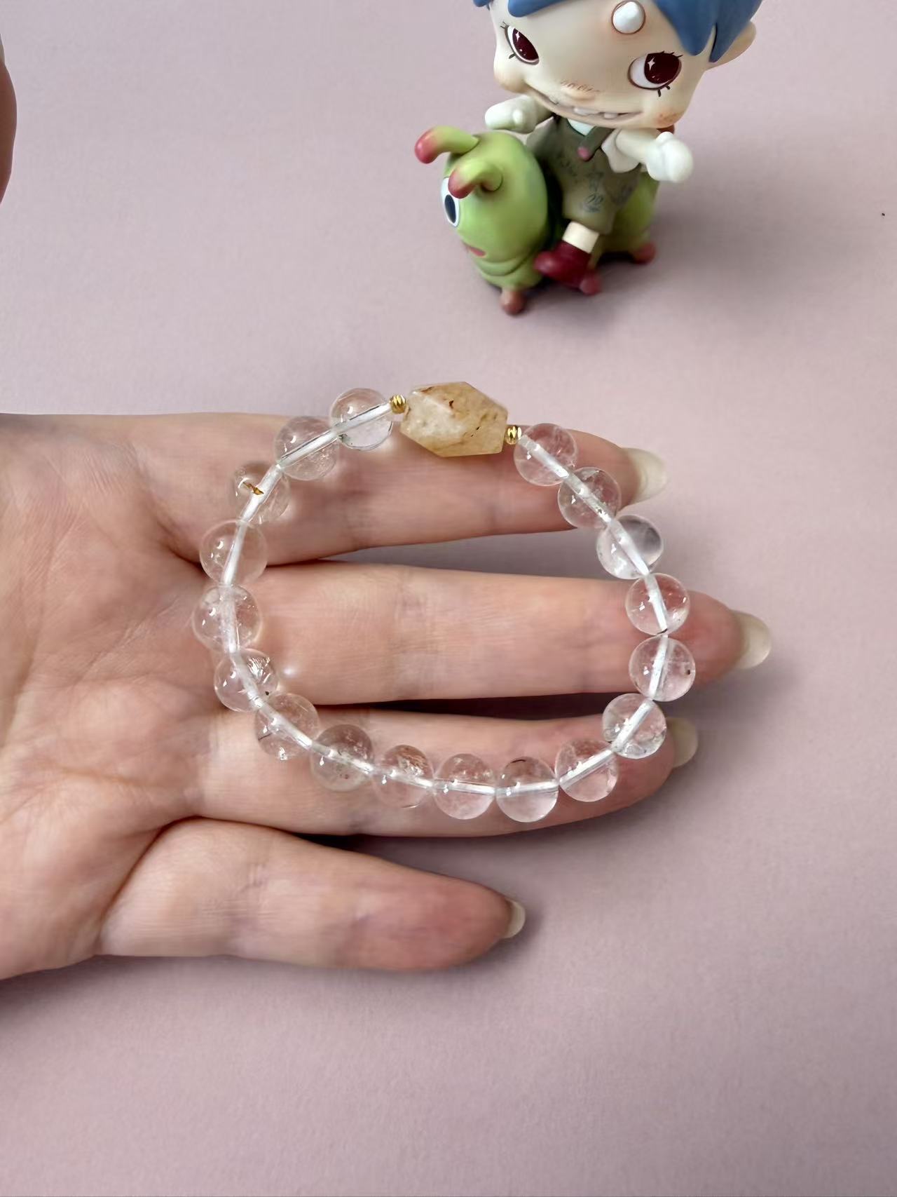 Natural Clear Quartz Beaded Bracelet with Faceted Warm-Toned Crystal Accent - Minimalist Healing Crystal Stackable Jewelry B378