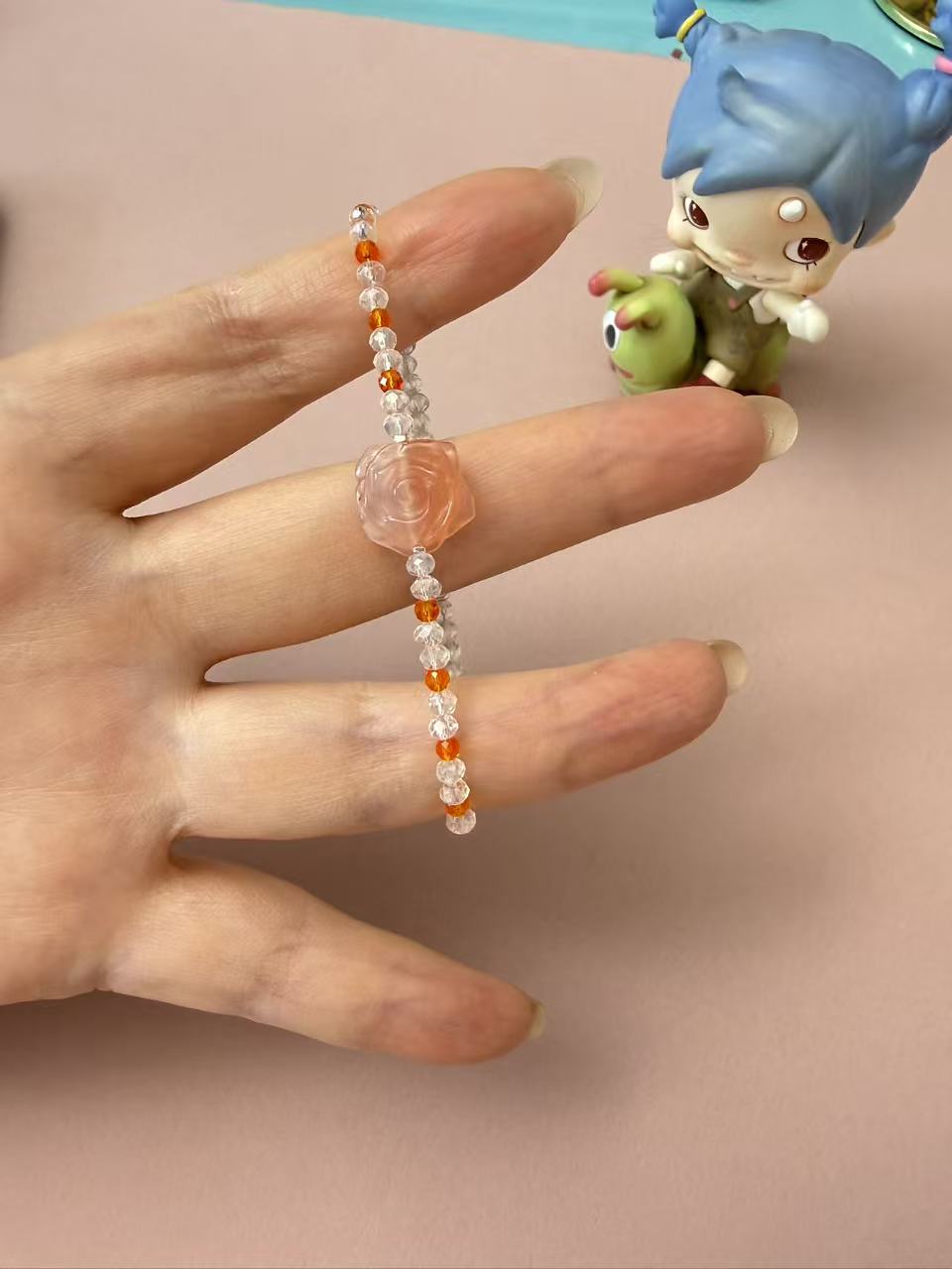 Rose Quartz Rose Carved Bracelet with Clear & Orange Crystal Beads - Adjustable Dainty Romantic Jewelry B367