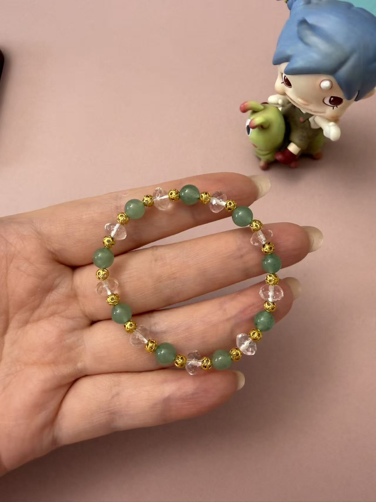Light Green Aventurine & Clear Quartz Beaded Bracelet with Gold Accents - Dainty Healing Stackable Jewelry B363