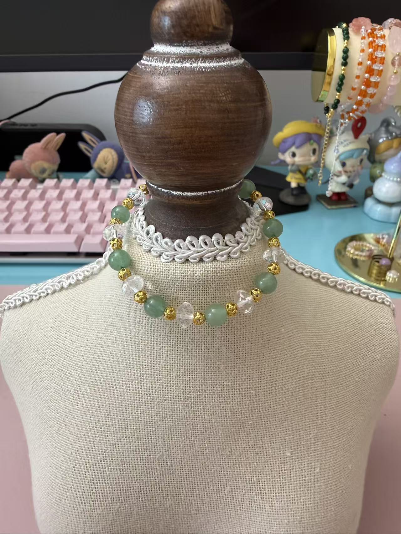 Light Green Aventurine & Clear Quartz Beaded Bracelet with Gold Accents - Dainty Healing Stackable Jewelry B363