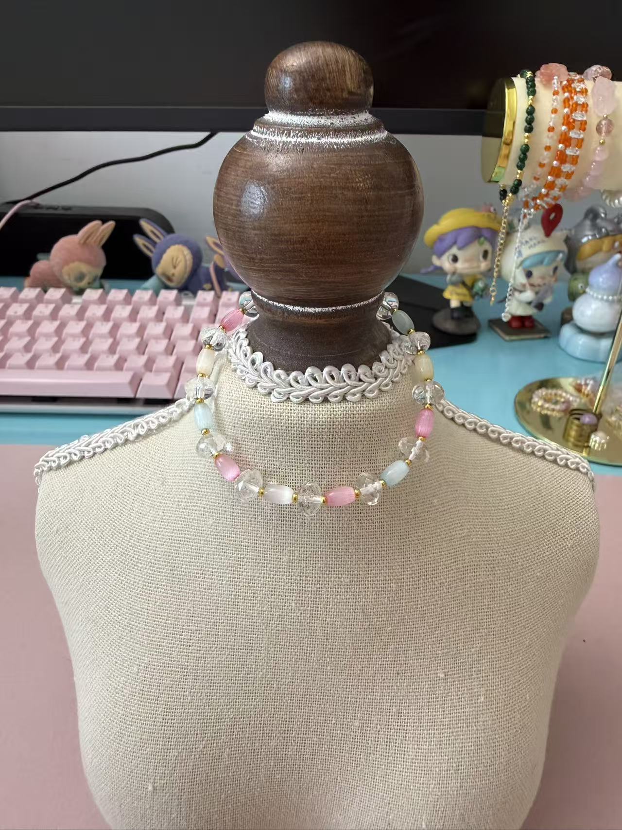 Pastel Multicolor Beaded Bracelet with Clear Crystal & Gold Accents - Dainty Stackable Everyday Jewelry B380