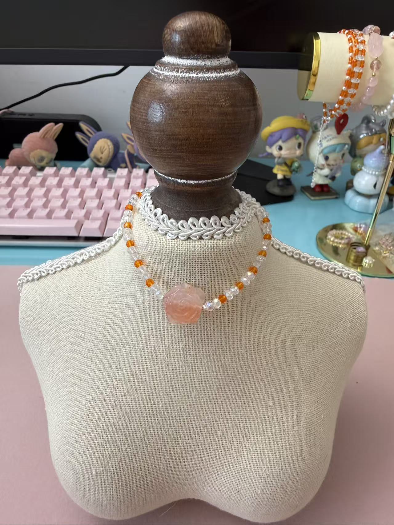 Rose Quartz Rose Carved Bracelet with Clear & Orange Crystal Beads - Adjustable Dainty Romantic Jewelry B367