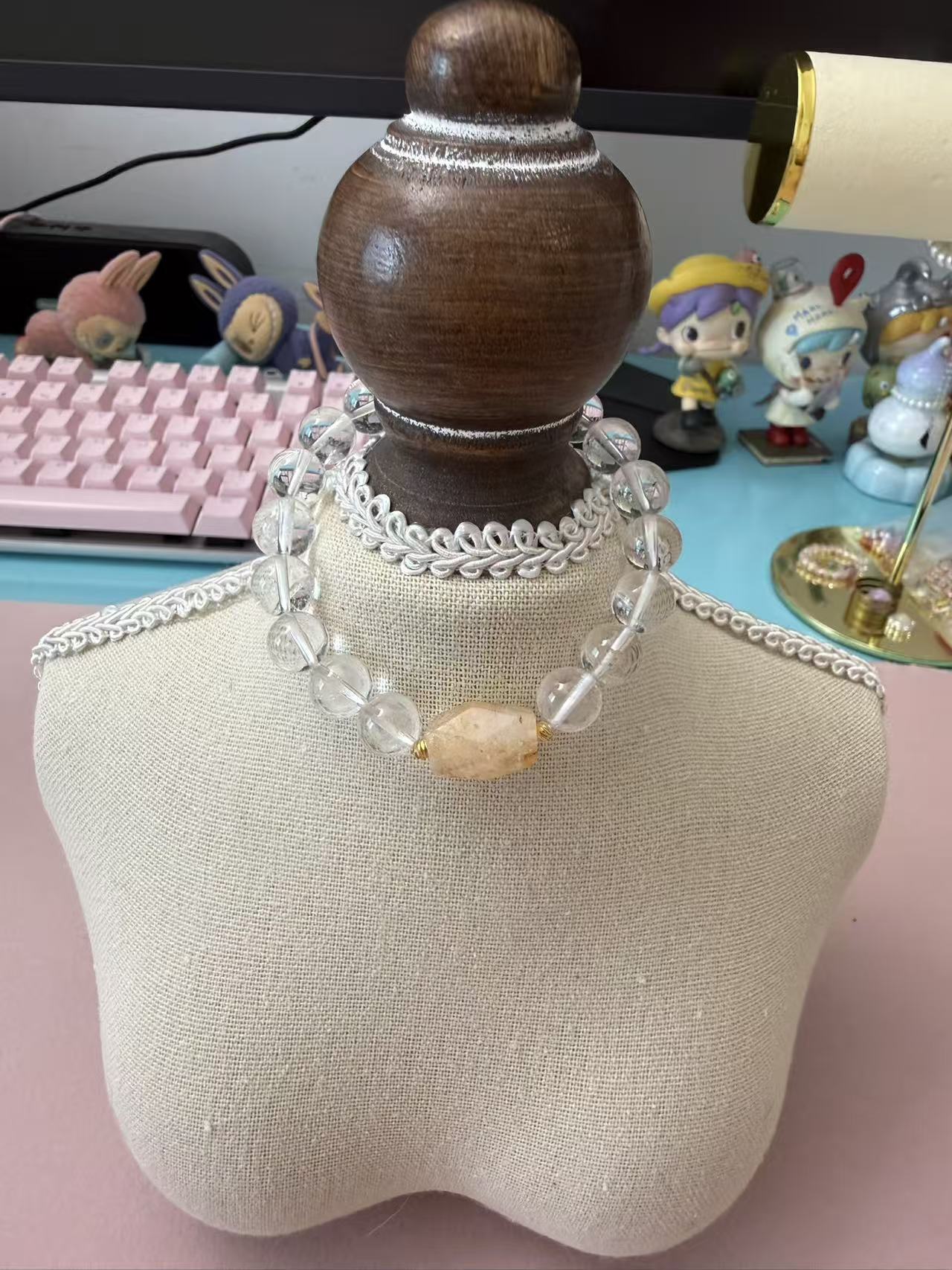 Natural Clear Quartz Beaded Bracelet with Faceted Warm-Toned Crystal Accent - Minimalist Healing Crystal Stackable Jewelry B378