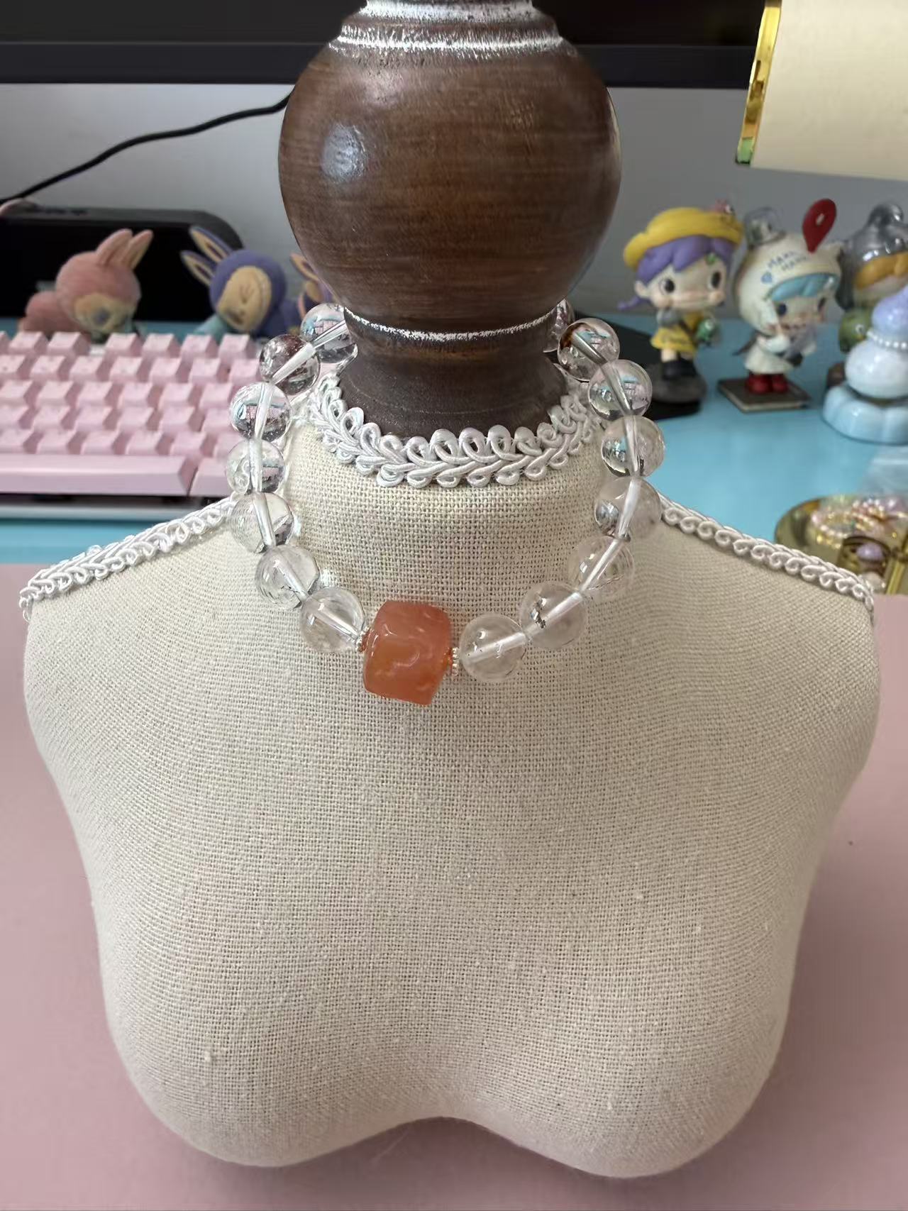 Natural Clear Quartz Beaded Bracelet with Carved Red Agate Accent - Healing Crystal Stackable Jewelry B369