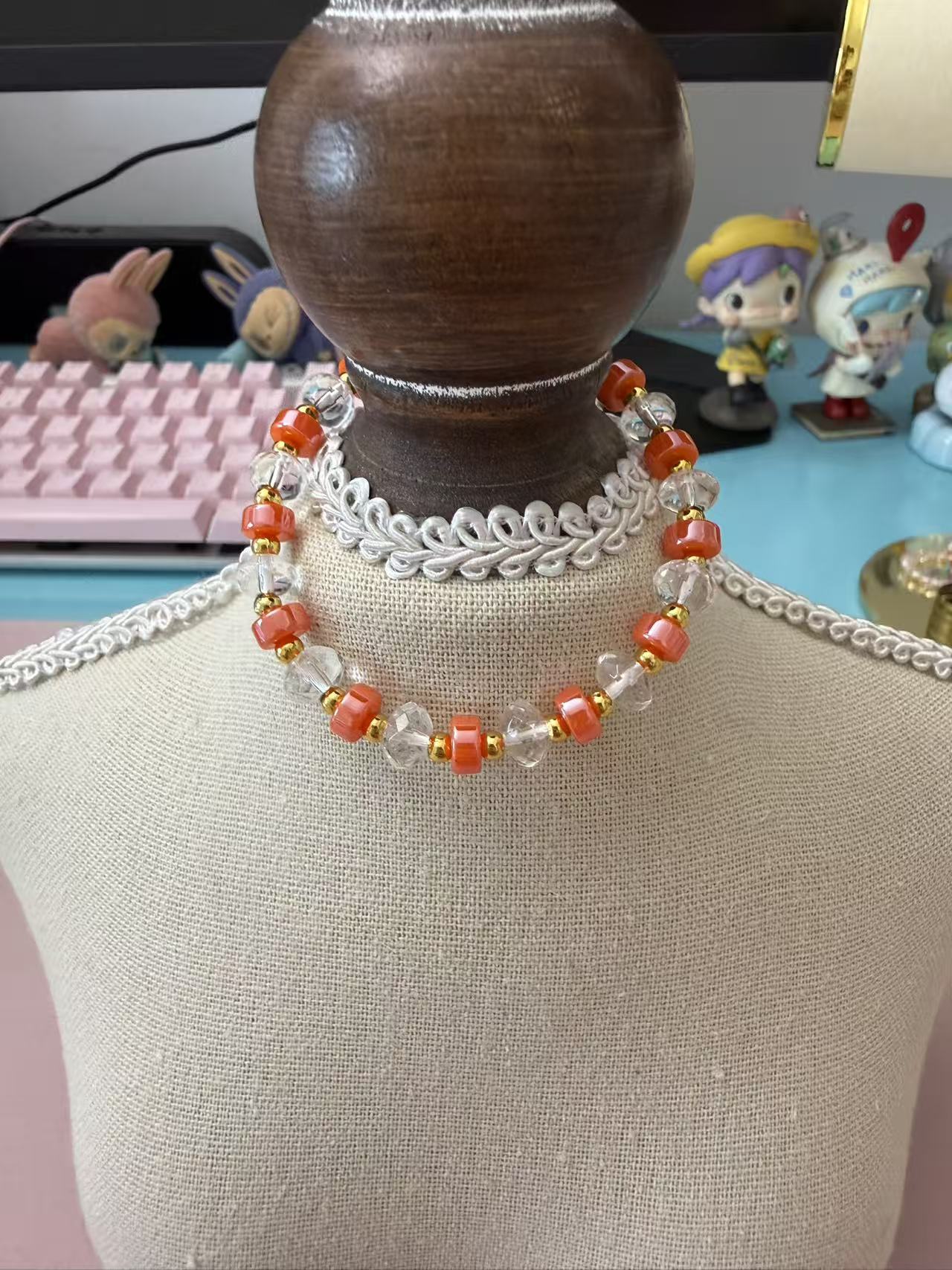 Clear Crystal & Orange Beaded Bracelet with Gold Accents - Dainty Stackable Everyday Jewelry B376