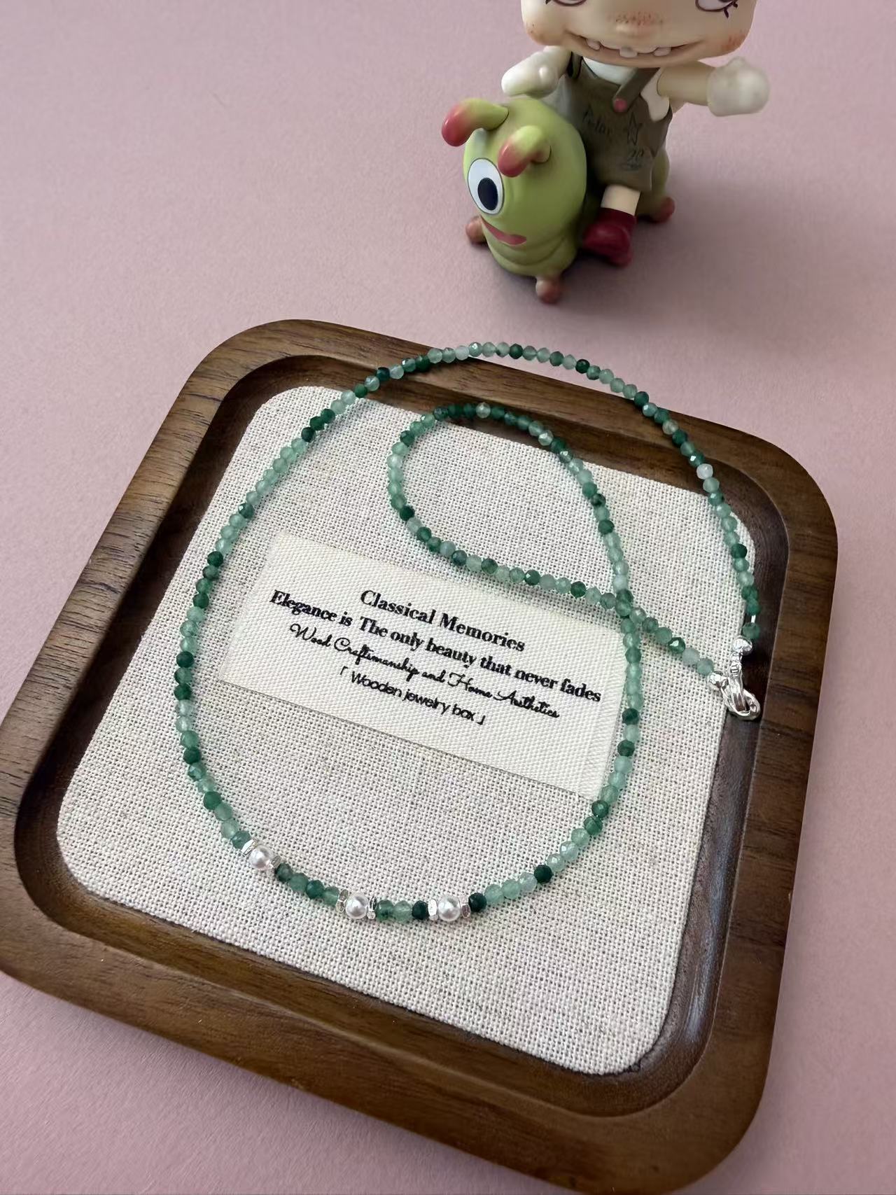 Green Gradient Tiny Faceted Beaded Necklace with Silver Accents - Adjustable Dainty Layering Jewelry N122