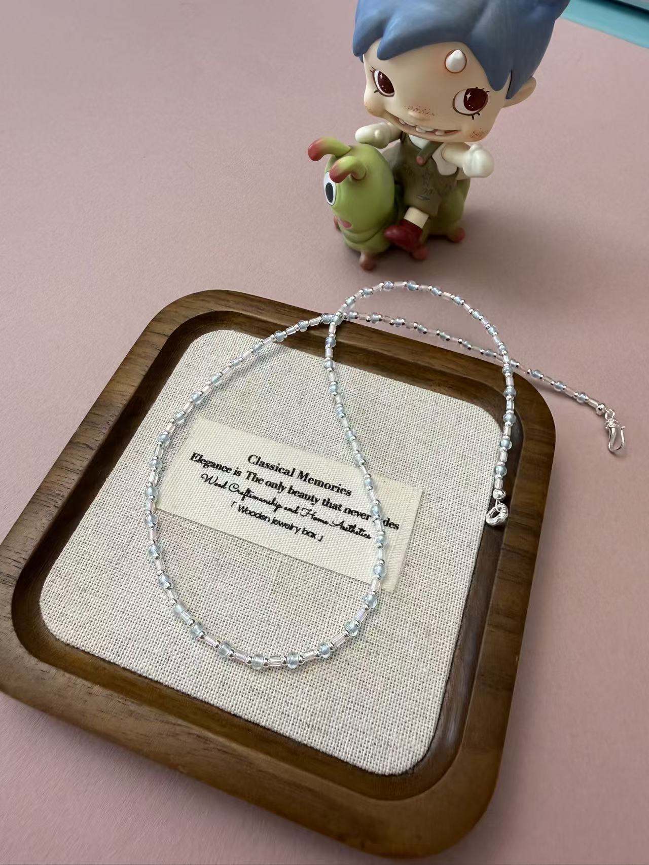 Light Blue & Silver Beaded Choker Necklace - Dainty Adjustable Minimalist Everyday Layering Jewelry N113