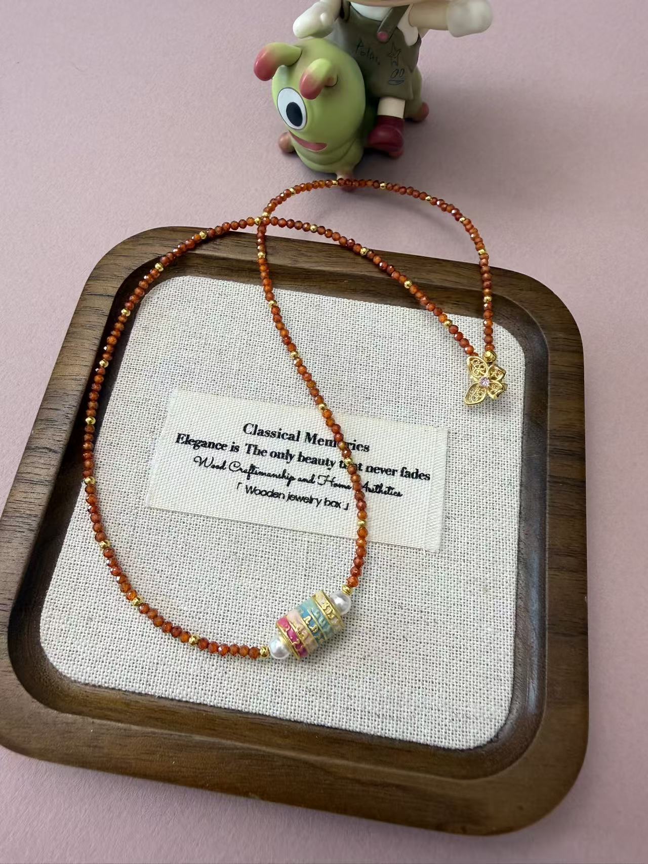 Orange Cut Zircon Beaded Necklace with Enamel Prayer Wheel & Butterfly Pendant - Vintage-Inspired Sparkly Jewelry N106