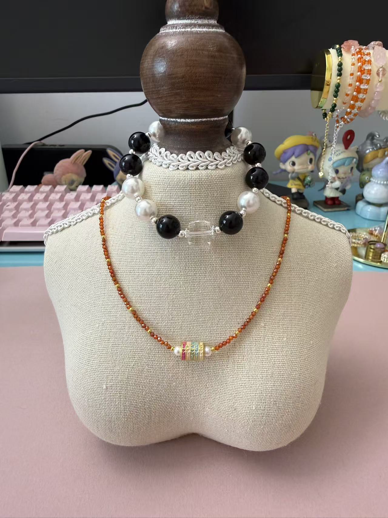 Orange Cut Zircon Beaded Necklace with Enamel Prayer Wheel & Butterfly Pendant - Vintage-Inspired Sparkly Jewelry N106
