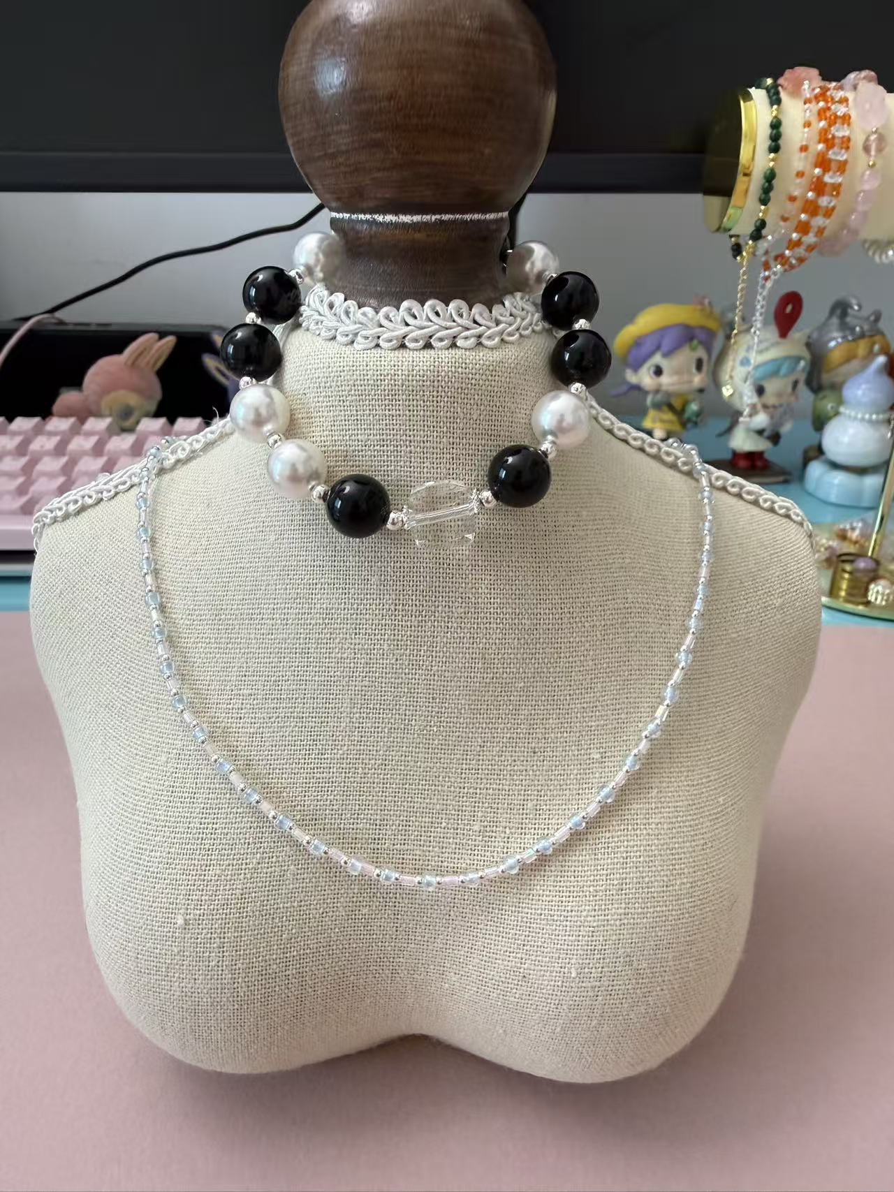 Light Blue & Silver Beaded Choker Necklace - Dainty Adjustable Minimalist Everyday Layering Jewelry N113