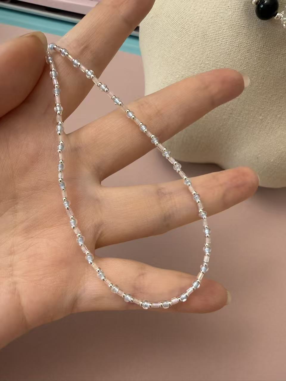 Light Blue & Silver Beaded Choker Necklace - Dainty Adjustable Minimalist Everyday Layering Jewelry N113