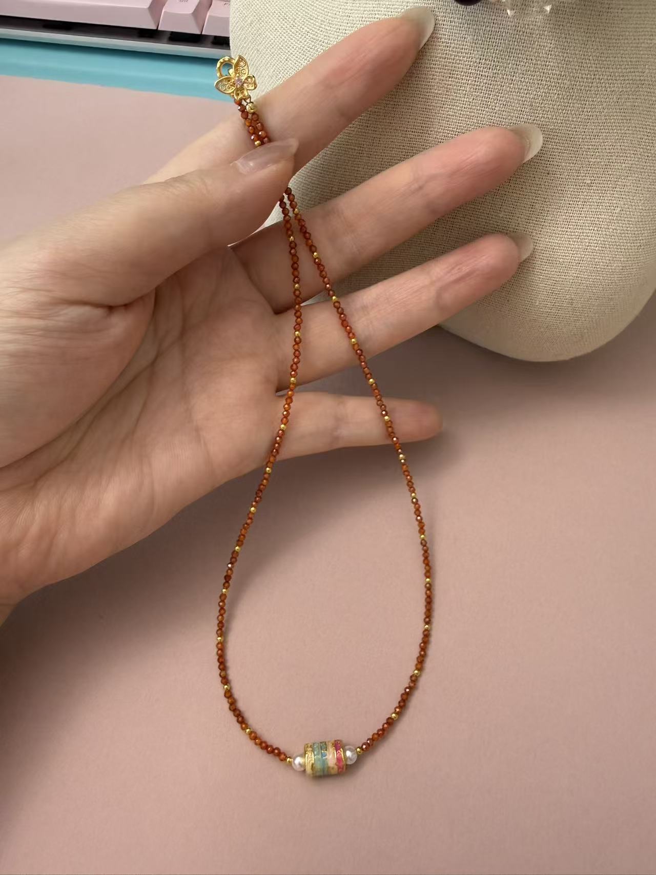 Orange Cut Zircon Beaded Necklace with Enamel Prayer Wheel & Butterfly Pendant - Vintage-Inspired Sparkly Jewelry N106