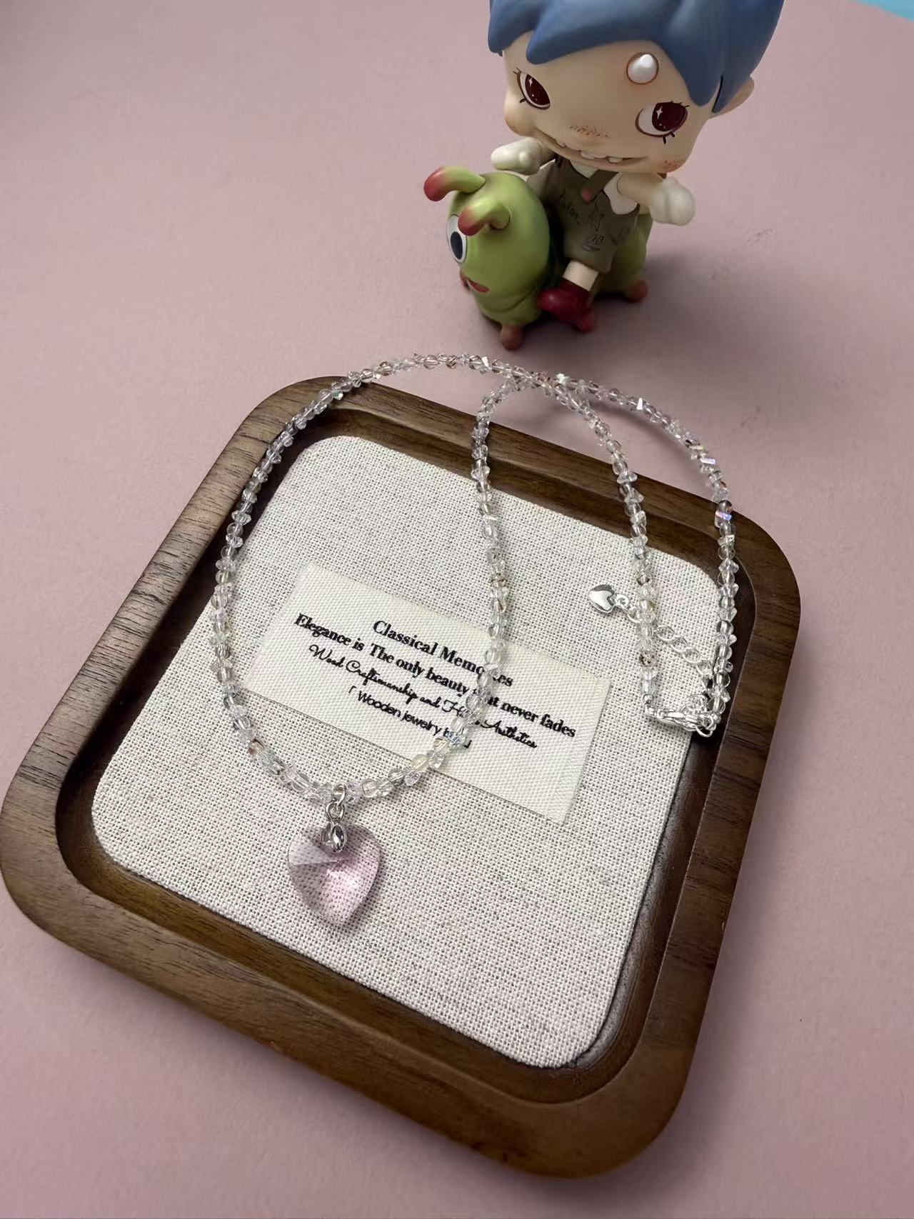 Dainty Pink Heart Crystal Necklace - Clear Irregular Beaded Choker for Women N115