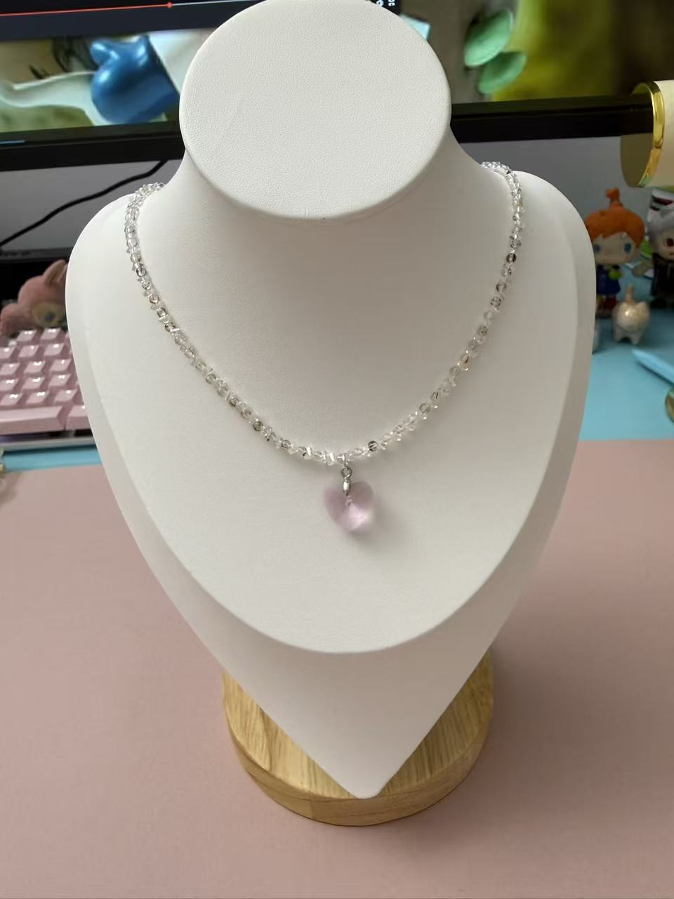 Dainty Pink Heart Crystal Necklace - Clear Irregular Beaded Choker for Women N115