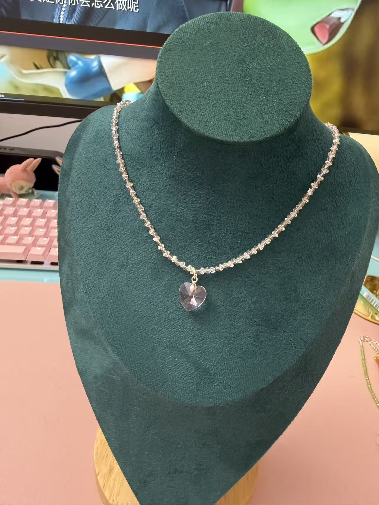 Dainty Pink Heart Crystal Necklace - Clear Irregular Beaded Choker for Women N115