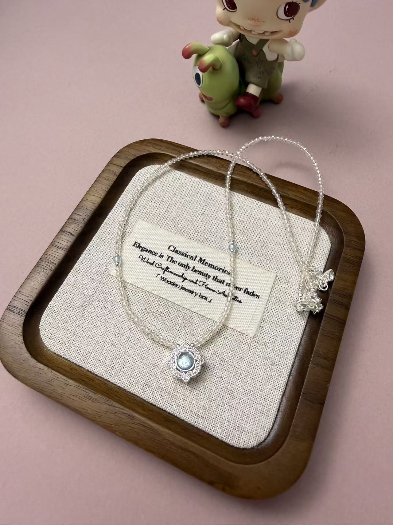 Dainty Silver Necklace with Blue Zircon Halo Pendant - Sparkling Crystal Beaded Chain for Women N119